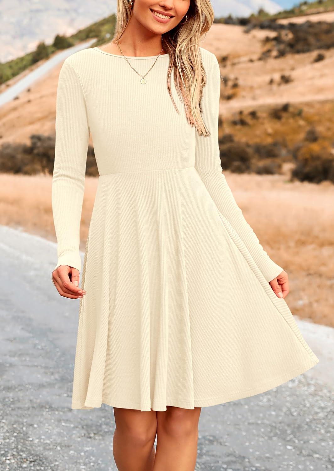 imagePRETTYGARDEN Womens Fall Short Dress Ribbed Knit Crewneck Long Sleeve A Line Flowy Casual Elegant Going Out Winter DressesBeige