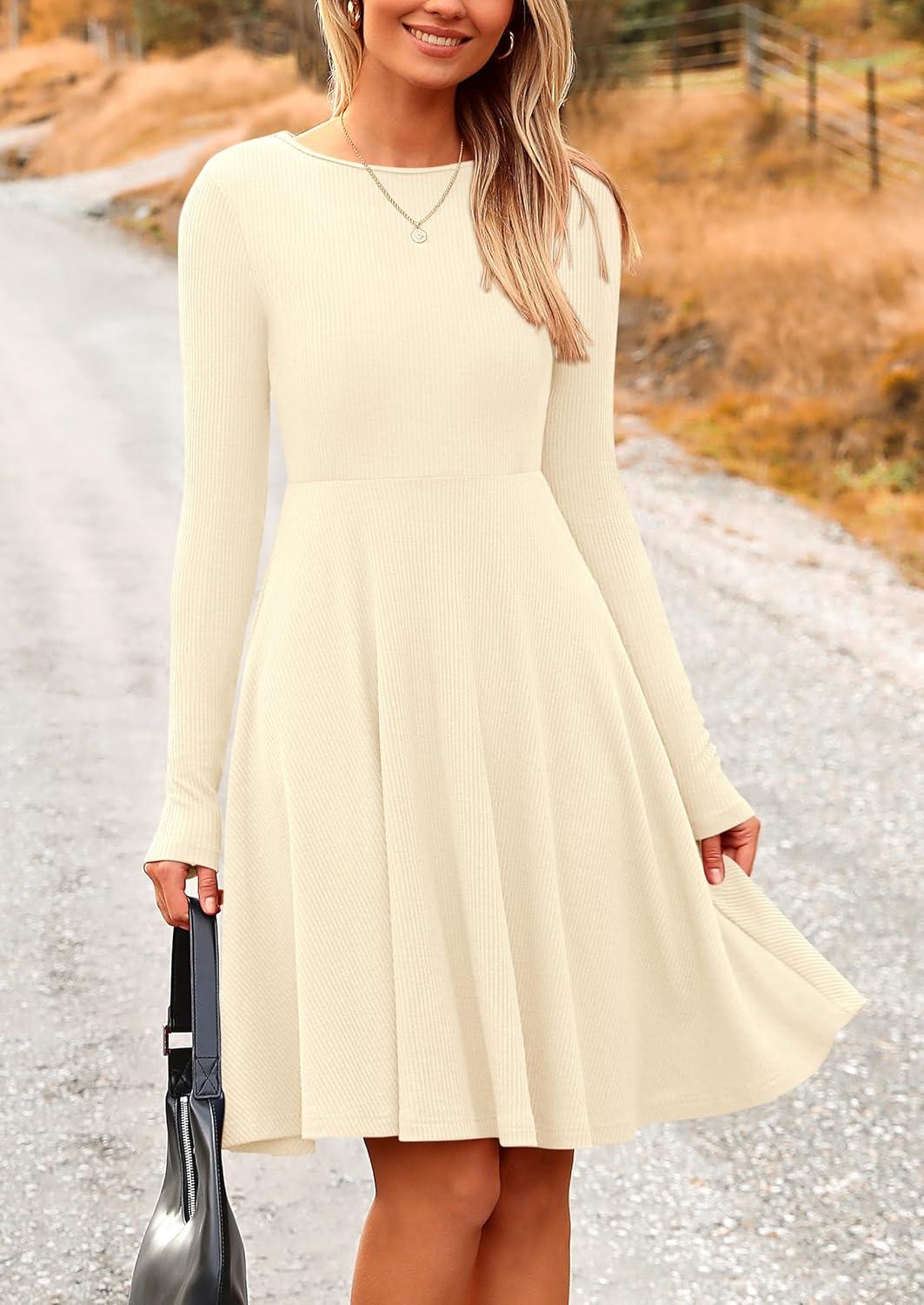 imagePRETTYGARDEN Womens Fall Short Dress Ribbed Knit Crewneck Long Sleeve A Line Flowy Casual Elegant Going Out Winter DressesBeige