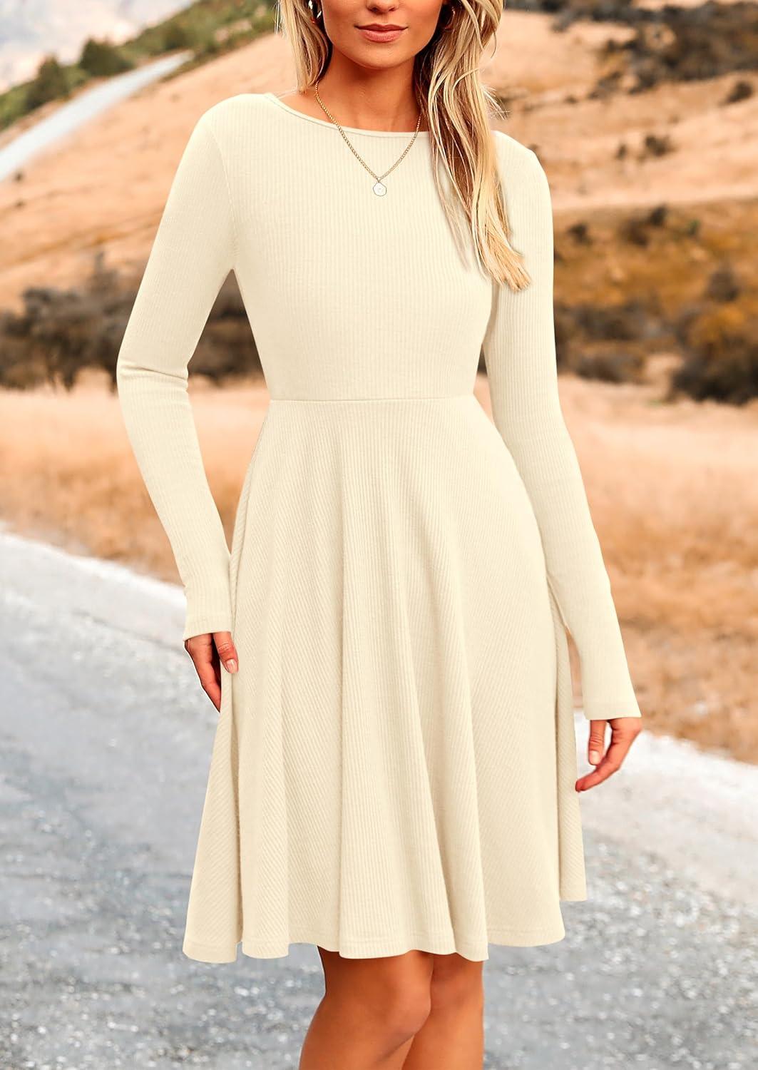 imagePRETTYGARDEN Womens Fall Short Dress Ribbed Knit Crewneck Long Sleeve A Line Flowy Casual Elegant Going Out Winter DressesBeige