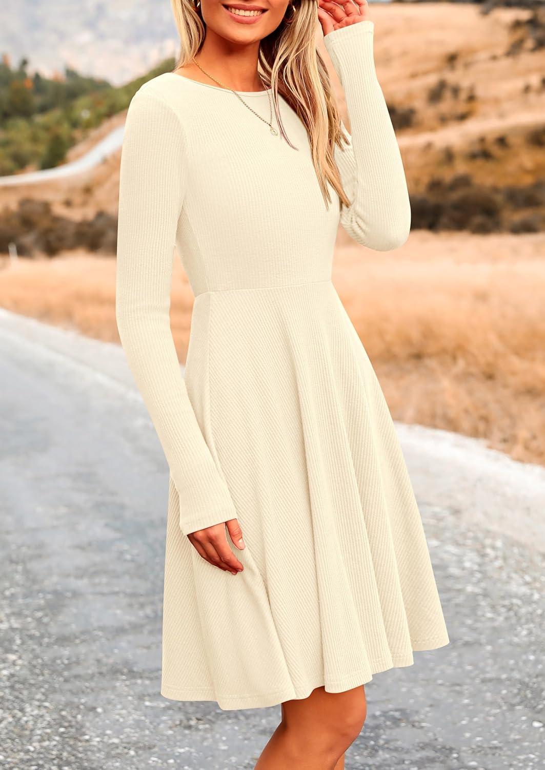 imagePRETTYGARDEN Womens Fall Short Dress Ribbed Knit Crewneck Long Sleeve A Line Flowy Casual Elegant Going Out Winter DressesBeige