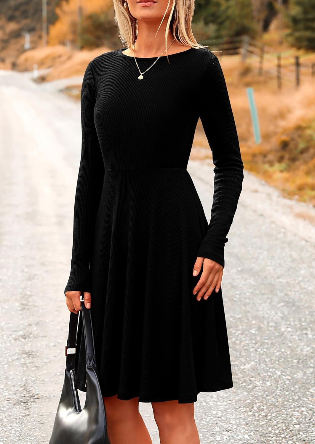 imagePRETTYGARDEN Womens Fall Short Dress Ribbed Knit Crewneck Long Sleeve A Line Flowy Casual Elegant Going Out Winter DressesBlack