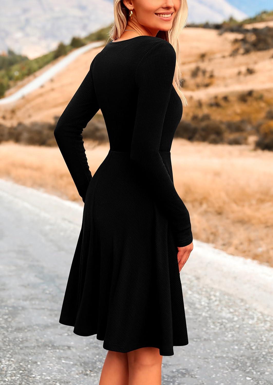 imagePRETTYGARDEN Womens Fall Short Dress Ribbed Knit Crewneck Long Sleeve A Line Flowy Casual Elegant Going Out Winter DressesBlack