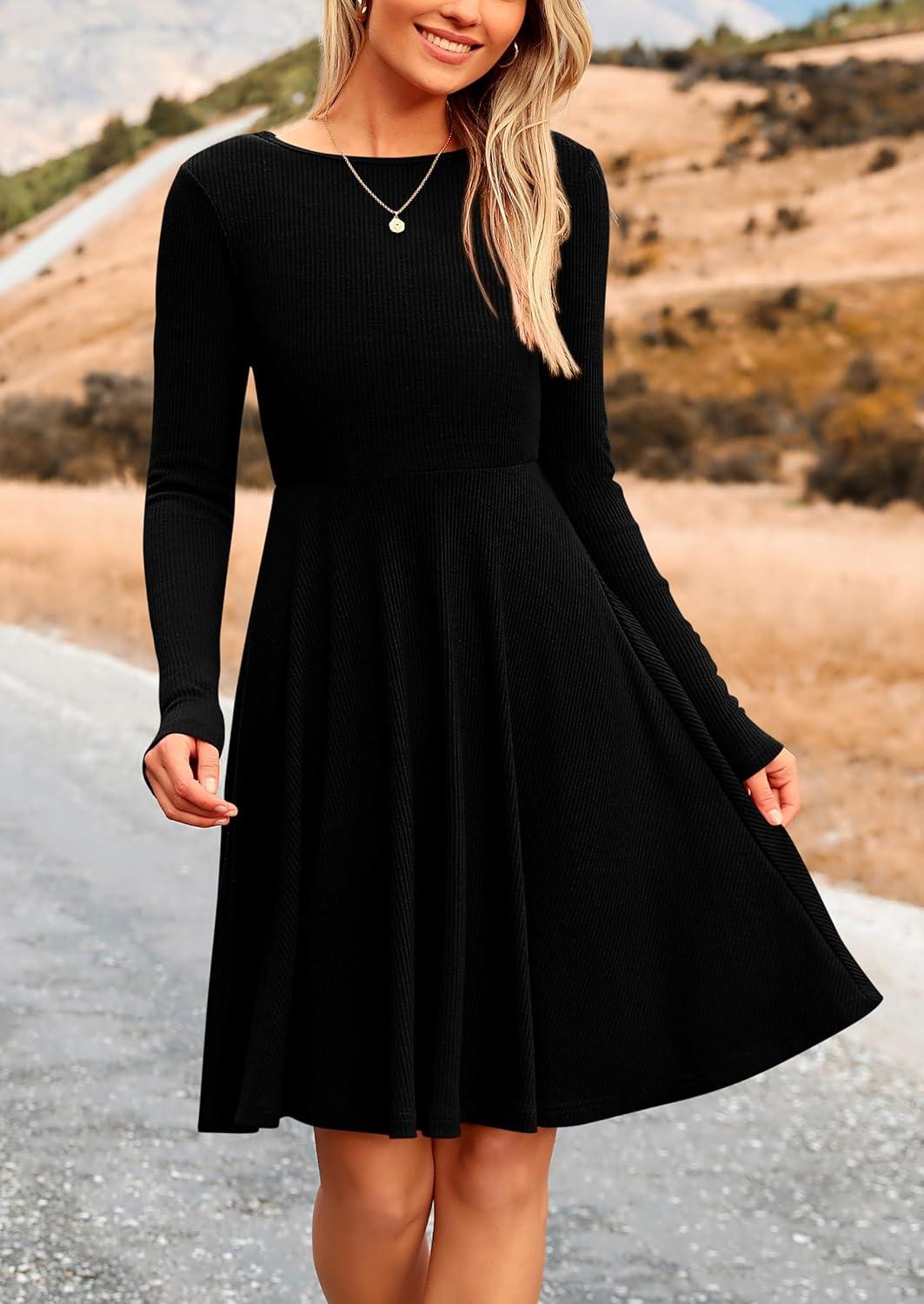 imagePRETTYGARDEN Womens Fall Short Dress Ribbed Knit Crewneck Long Sleeve A Line Flowy Casual Elegant Going Out Winter DressesBlack