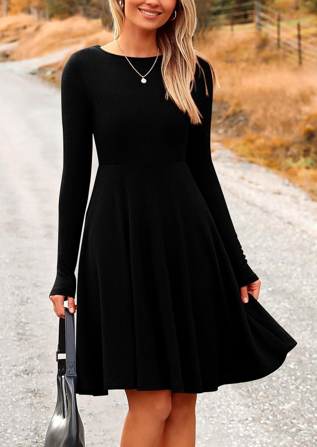 imagePRETTYGARDEN Womens Fall Short Dress Ribbed Knit Crewneck Long Sleeve A Line Flowy Casual Elegant Going Out Winter DressesBlack