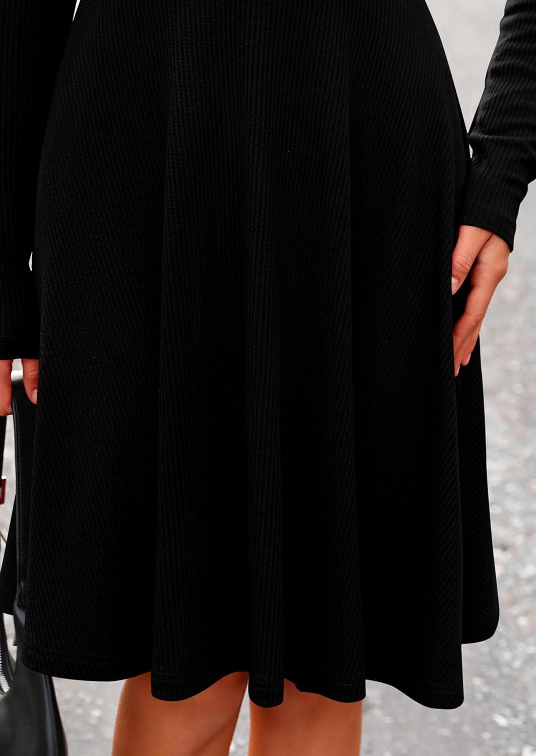 imagePRETTYGARDEN Womens Fall Short Dress Ribbed Knit Crewneck Long Sleeve A Line Flowy Casual Elegant Going Out Winter DressesBlack