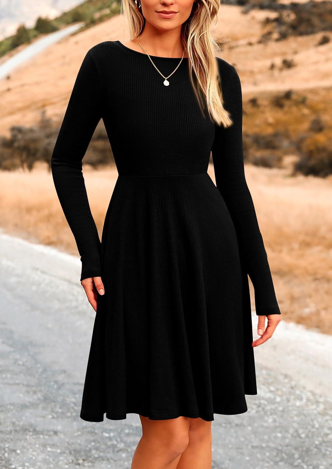 imagePRETTYGARDEN Womens Fall Short Dress Ribbed Knit Crewneck Long Sleeve A Line Flowy Casual Elegant Going Out Winter DressesBlack