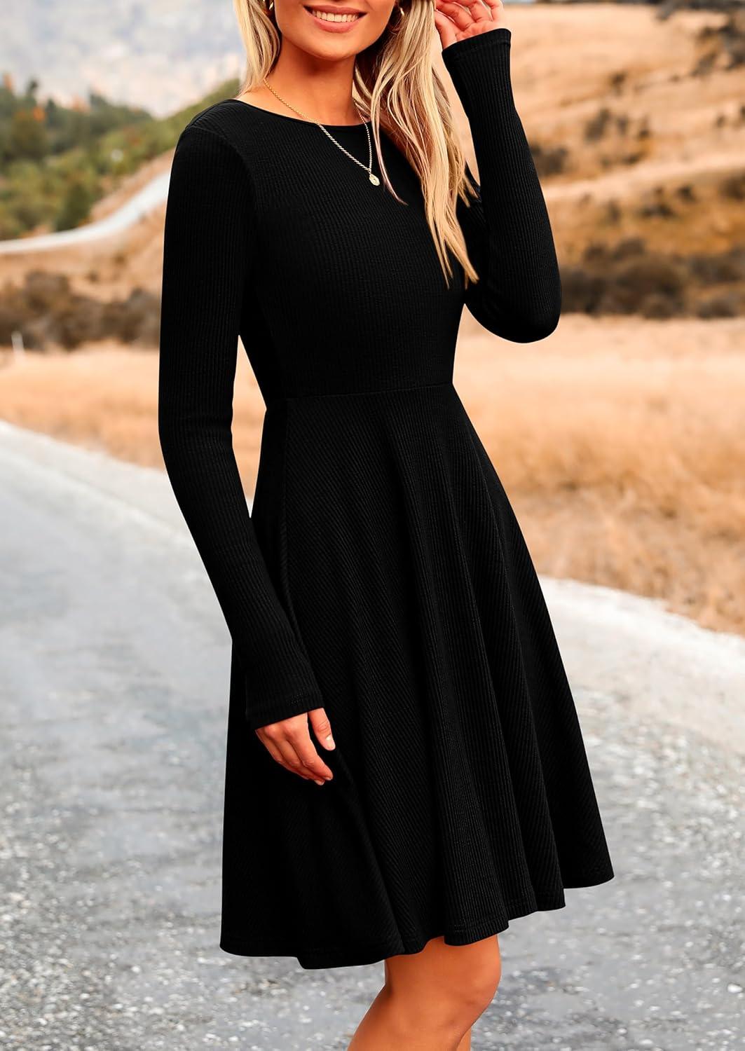 imagePRETTYGARDEN Womens Fall Short Dress Ribbed Knit Crewneck Long Sleeve A Line Flowy Casual Elegant Going Out Winter DressesBlack