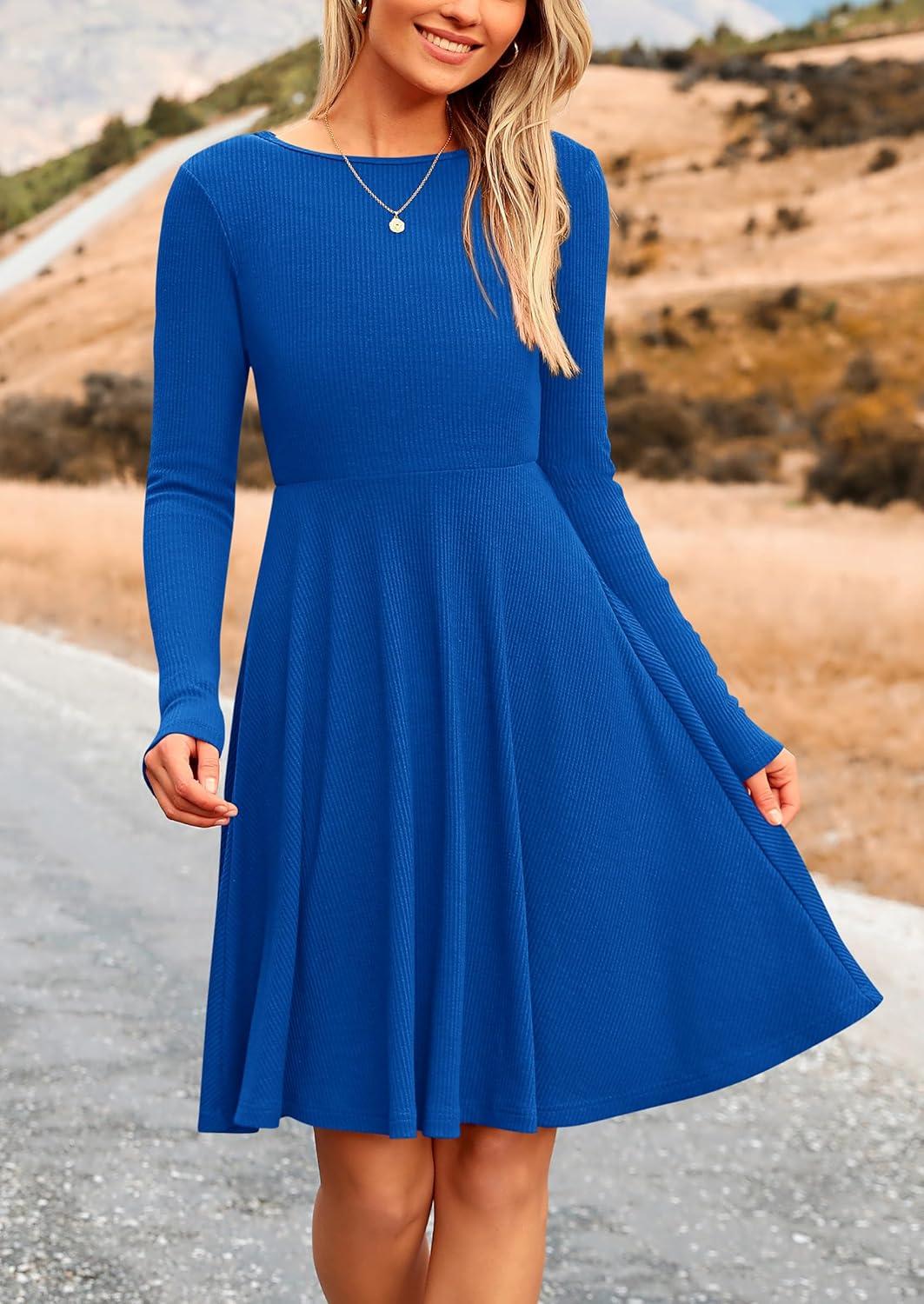 imagePRETTYGARDEN Womens Fall Short Dress Ribbed Knit Crewneck Long Sleeve A Line Flowy Casual Elegant Going Out Winter DressesBlue