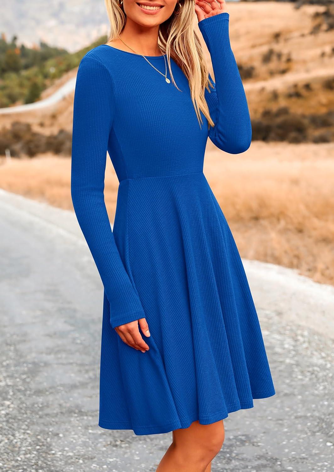 imagePRETTYGARDEN Womens Fall Short Dress Ribbed Knit Crewneck Long Sleeve A Line Flowy Casual Elegant Going Out Winter DressesBlue