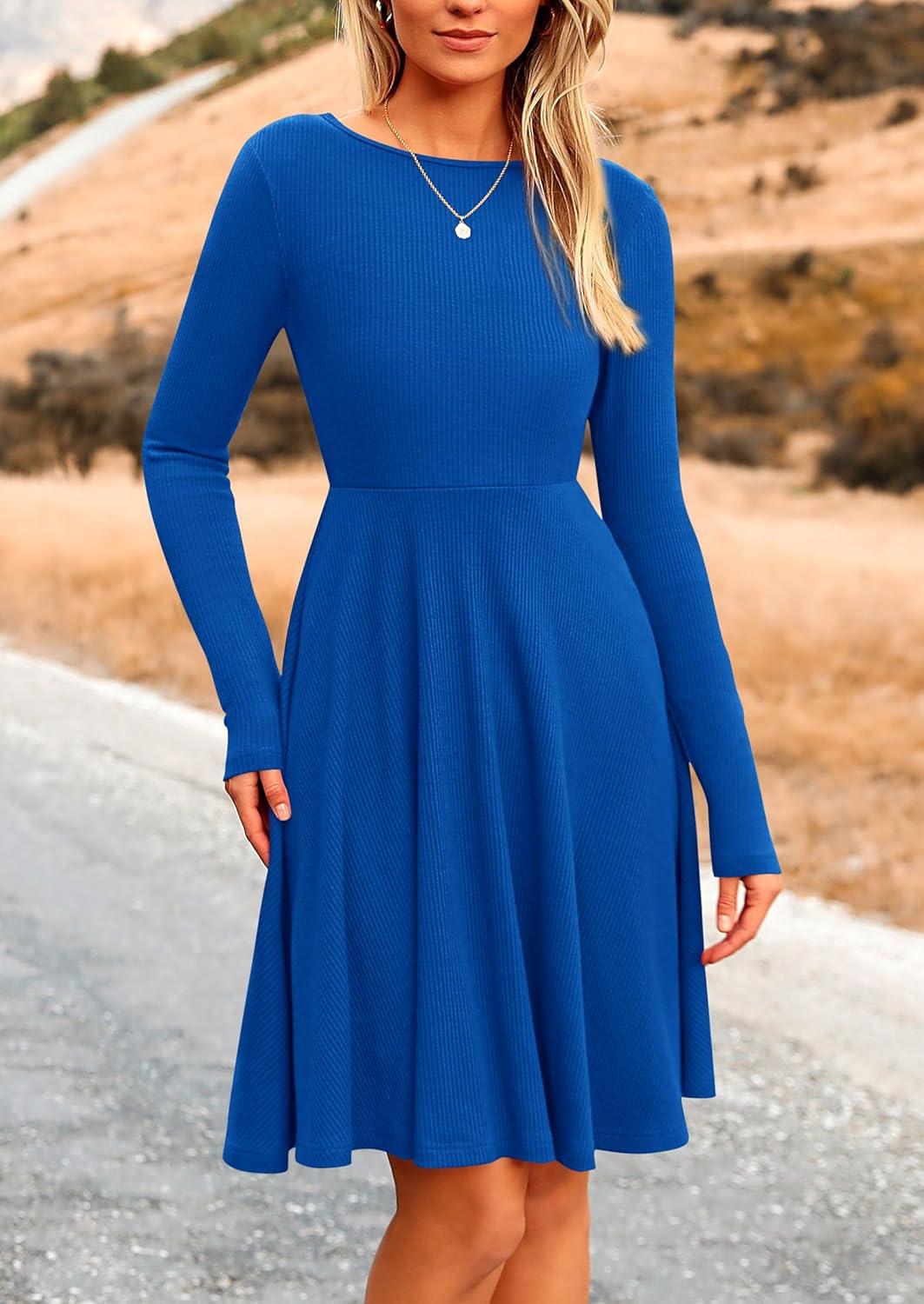 imagePRETTYGARDEN Womens Fall Short Dress Ribbed Knit Crewneck Long Sleeve A Line Flowy Casual Elegant Going Out Winter DressesBlue