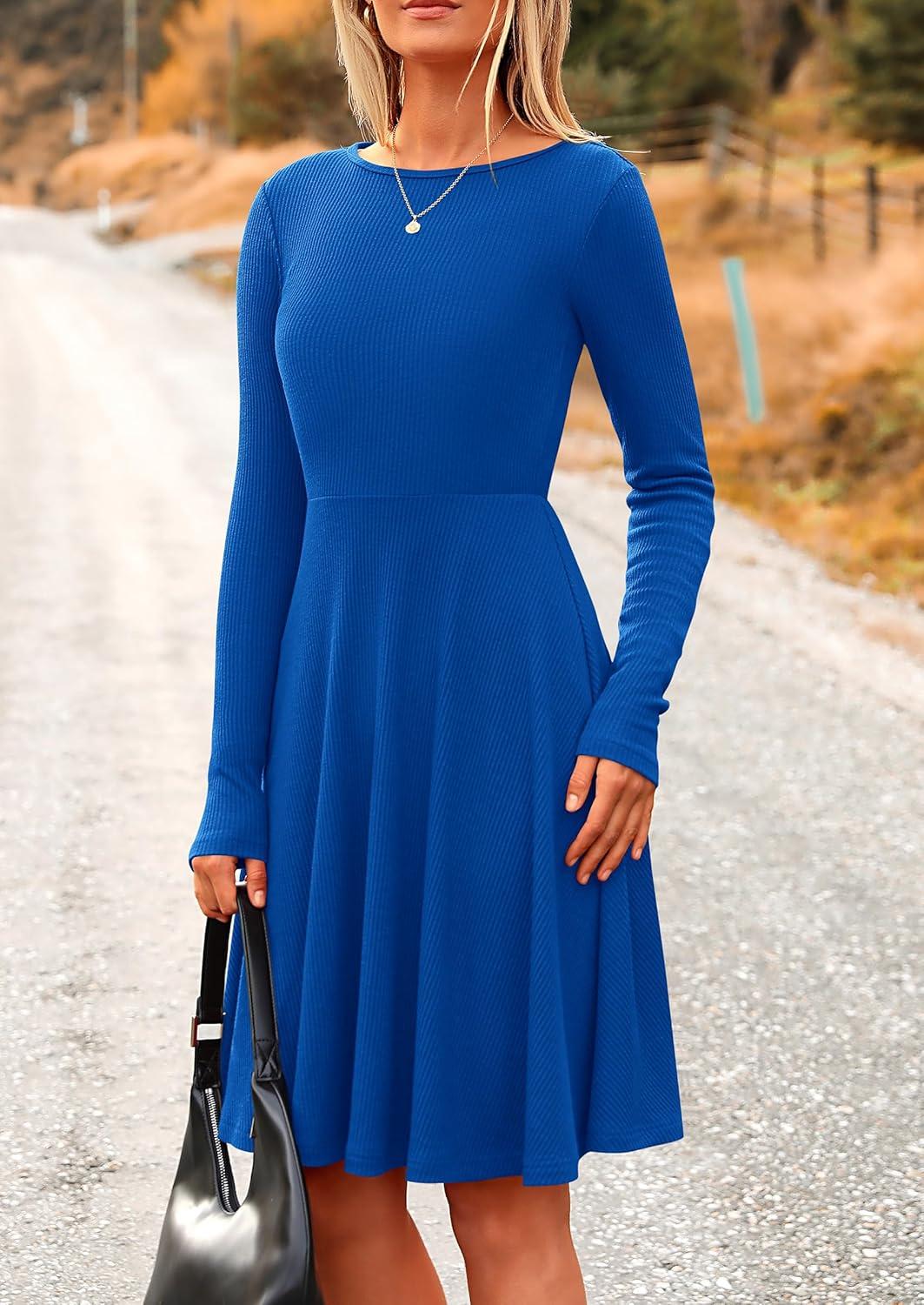 imagePRETTYGARDEN Womens Fall Short Dress Ribbed Knit Crewneck Long Sleeve A Line Flowy Casual Elegant Going Out Winter DressesBlue