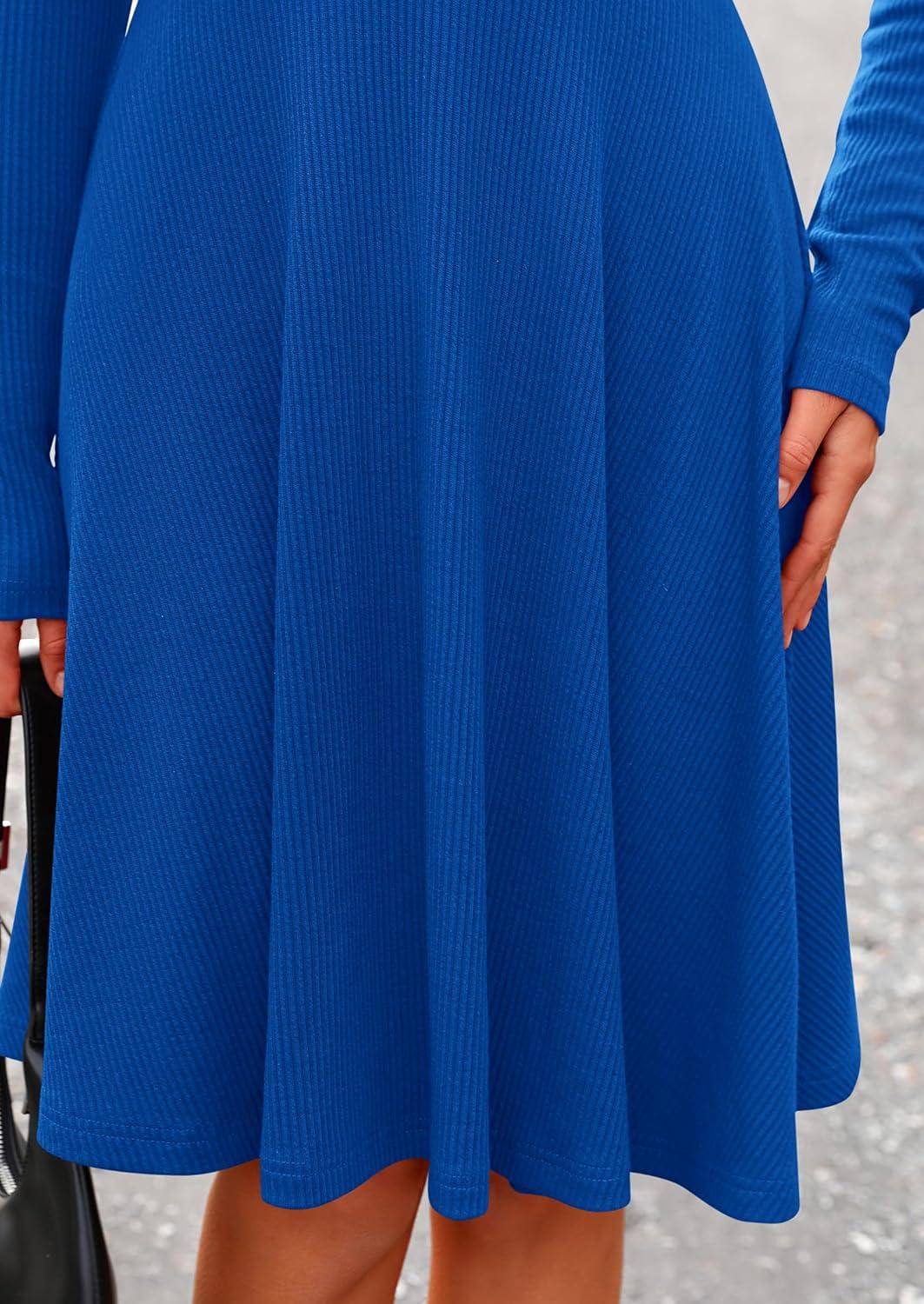 imagePRETTYGARDEN Womens Fall Short Dress Ribbed Knit Crewneck Long Sleeve A Line Flowy Casual Elegant Going Out Winter DressesBlue