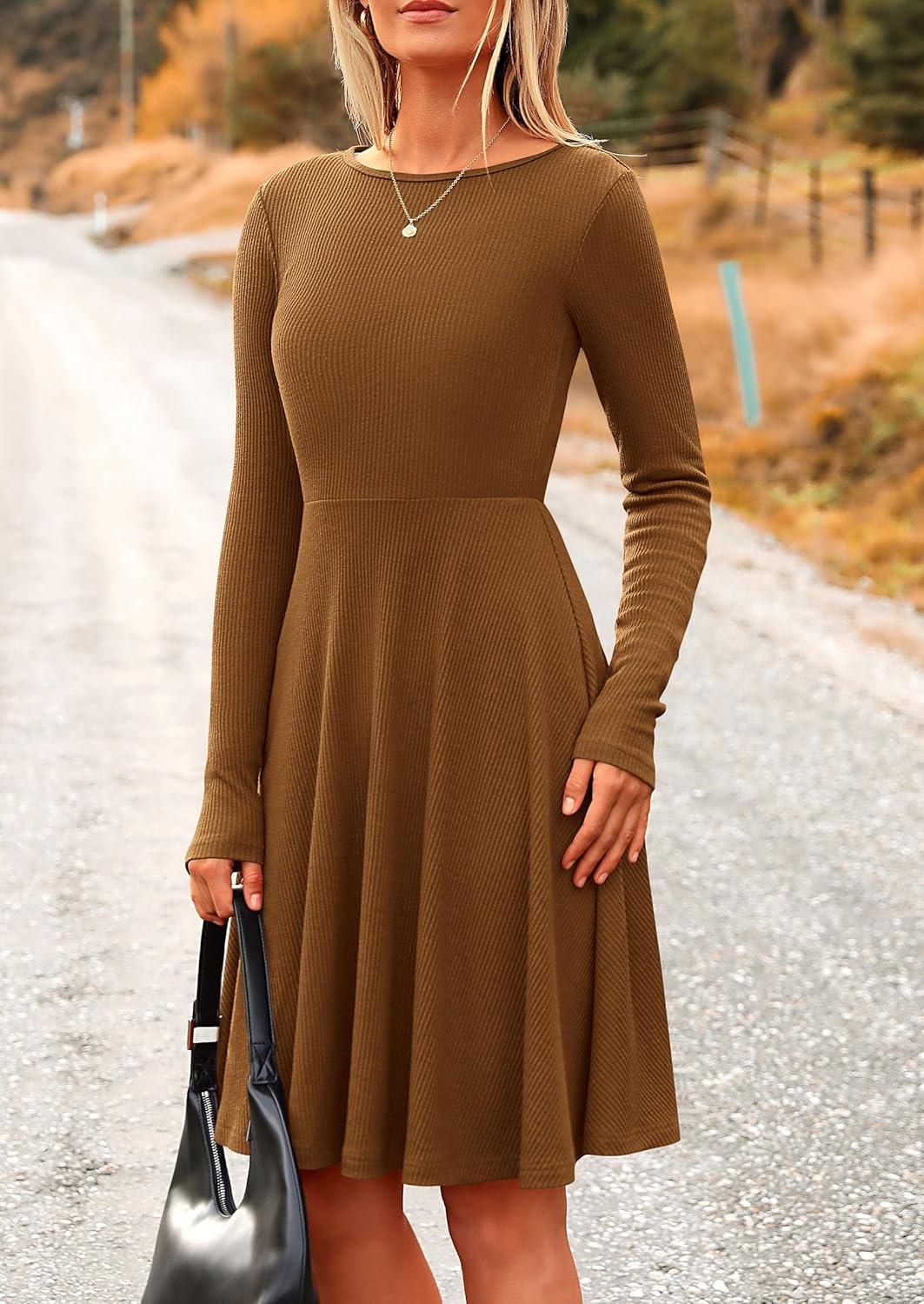 imagePRETTYGARDEN Womens Fall Short Dress Ribbed Knit Crewneck Long Sleeve A Line Flowy Casual Elegant Going Out Winter DressesBrown