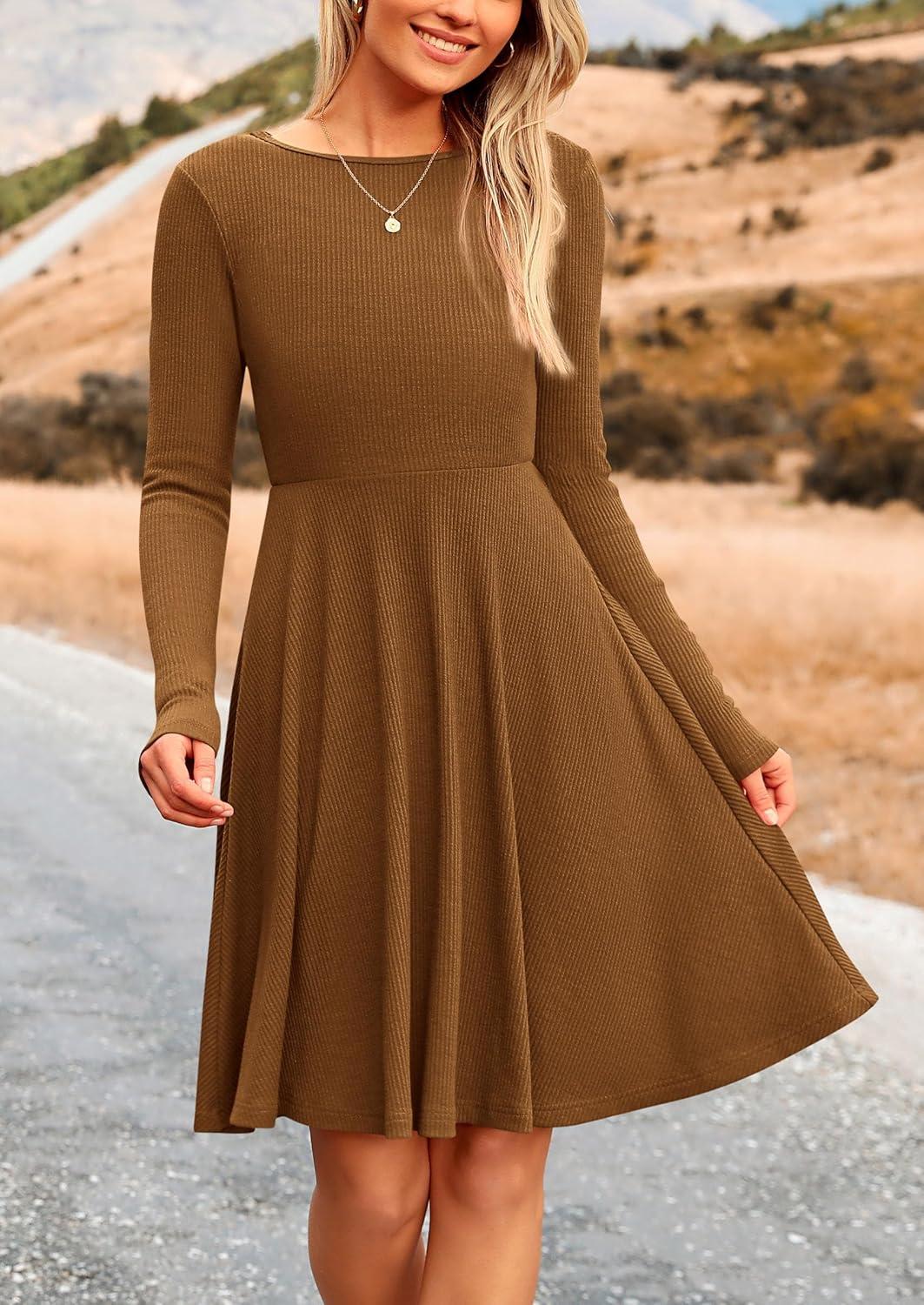 imagePRETTYGARDEN Womens Fall Short Dress Ribbed Knit Crewneck Long Sleeve A Line Flowy Casual Elegant Going Out Winter DressesBrown