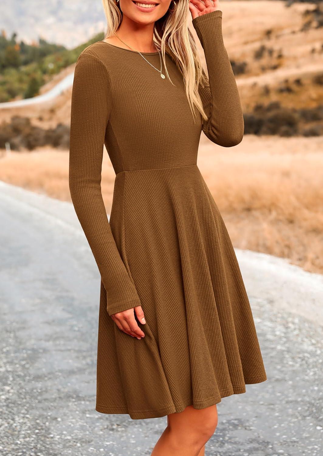 imagePRETTYGARDEN Womens Fall Short Dress Ribbed Knit Crewneck Long Sleeve A Line Flowy Casual Elegant Going Out Winter DressesBrown