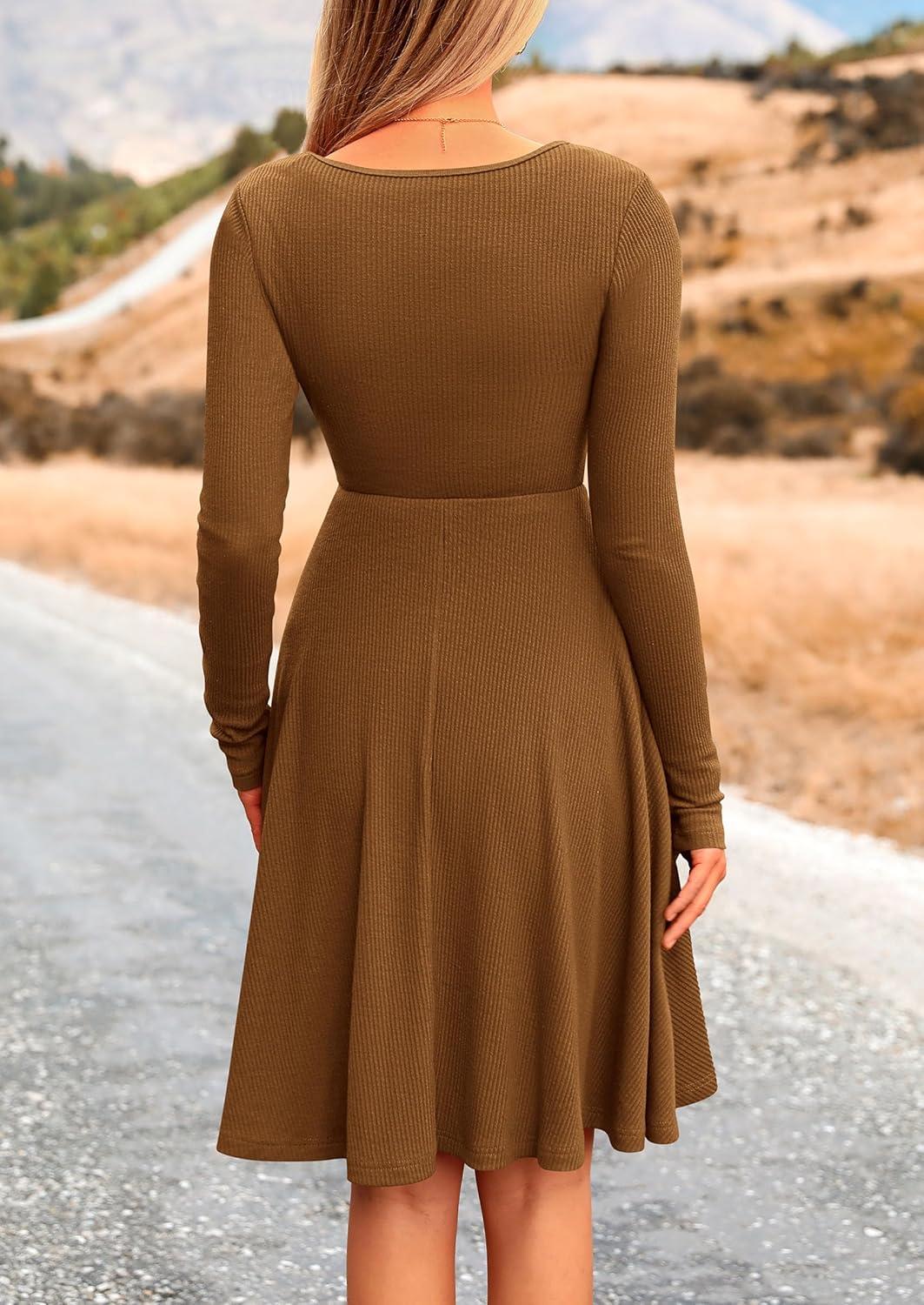 imagePRETTYGARDEN Womens Fall Short Dress Ribbed Knit Crewneck Long Sleeve A Line Flowy Casual Elegant Going Out Winter DressesBrown
