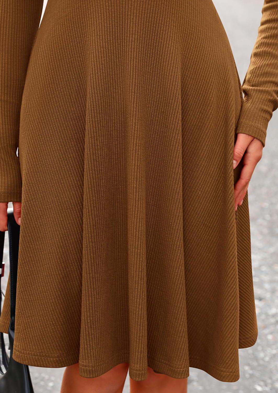 imagePRETTYGARDEN Womens Fall Short Dress Ribbed Knit Crewneck Long Sleeve A Line Flowy Casual Elegant Going Out Winter DressesBrown