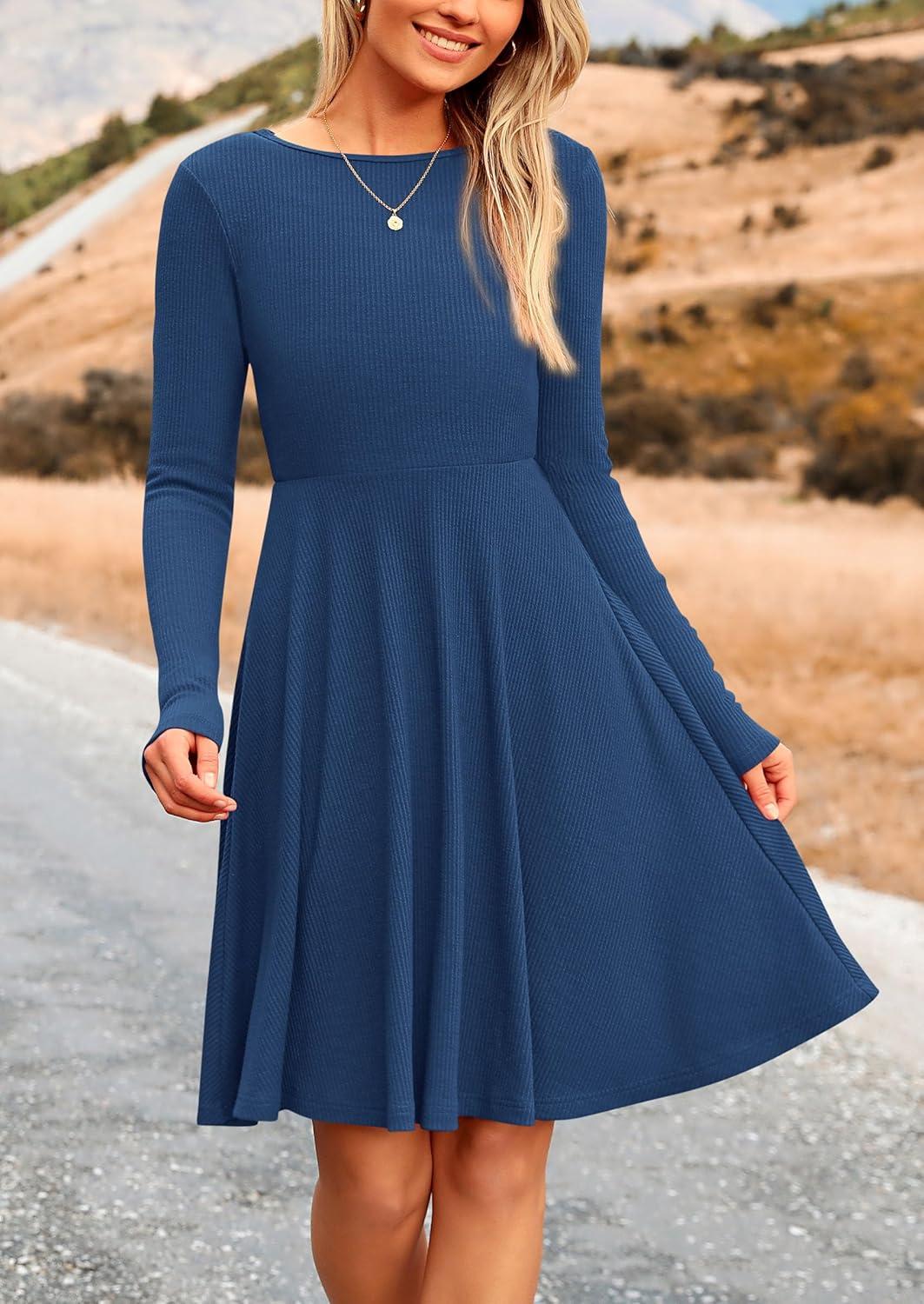 imagePRETTYGARDEN Womens Fall Short Dress Ribbed Knit Crewneck Long Sleeve A Line Flowy Casual Elegant Going Out Winter DressesDark Blue