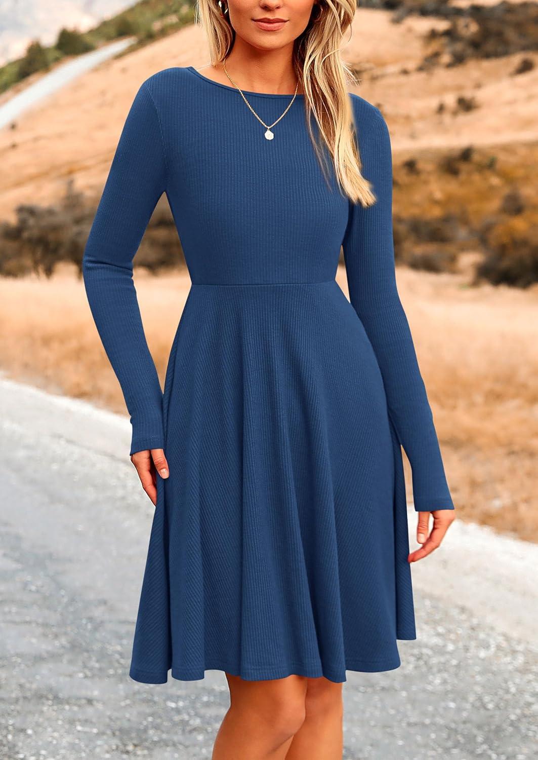 imagePRETTYGARDEN Womens Fall Short Dress Ribbed Knit Crewneck Long Sleeve A Line Flowy Casual Elegant Going Out Winter DressesDark Blue