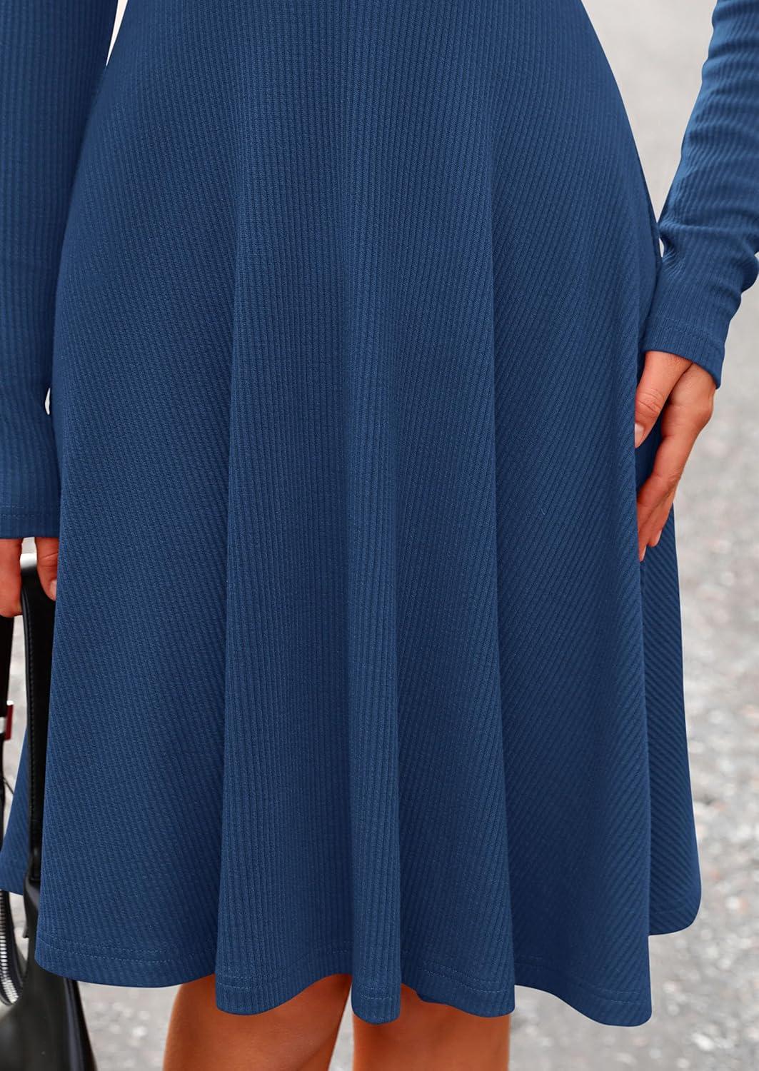 imagePRETTYGARDEN Womens Fall Short Dress Ribbed Knit Crewneck Long Sleeve A Line Flowy Casual Elegant Going Out Winter DressesDark Blue