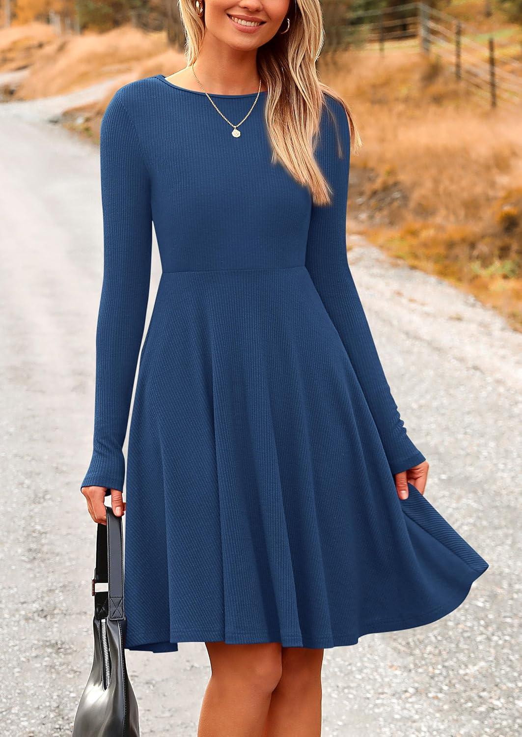 imagePRETTYGARDEN Womens Fall Short Dress Ribbed Knit Crewneck Long Sleeve A Line Flowy Casual Elegant Going Out Winter DressesDark Blue