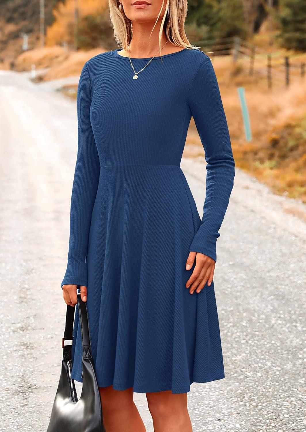 imagePRETTYGARDEN Womens Fall Short Dress Ribbed Knit Crewneck Long Sleeve A Line Flowy Casual Elegant Going Out Winter DressesDark Blue