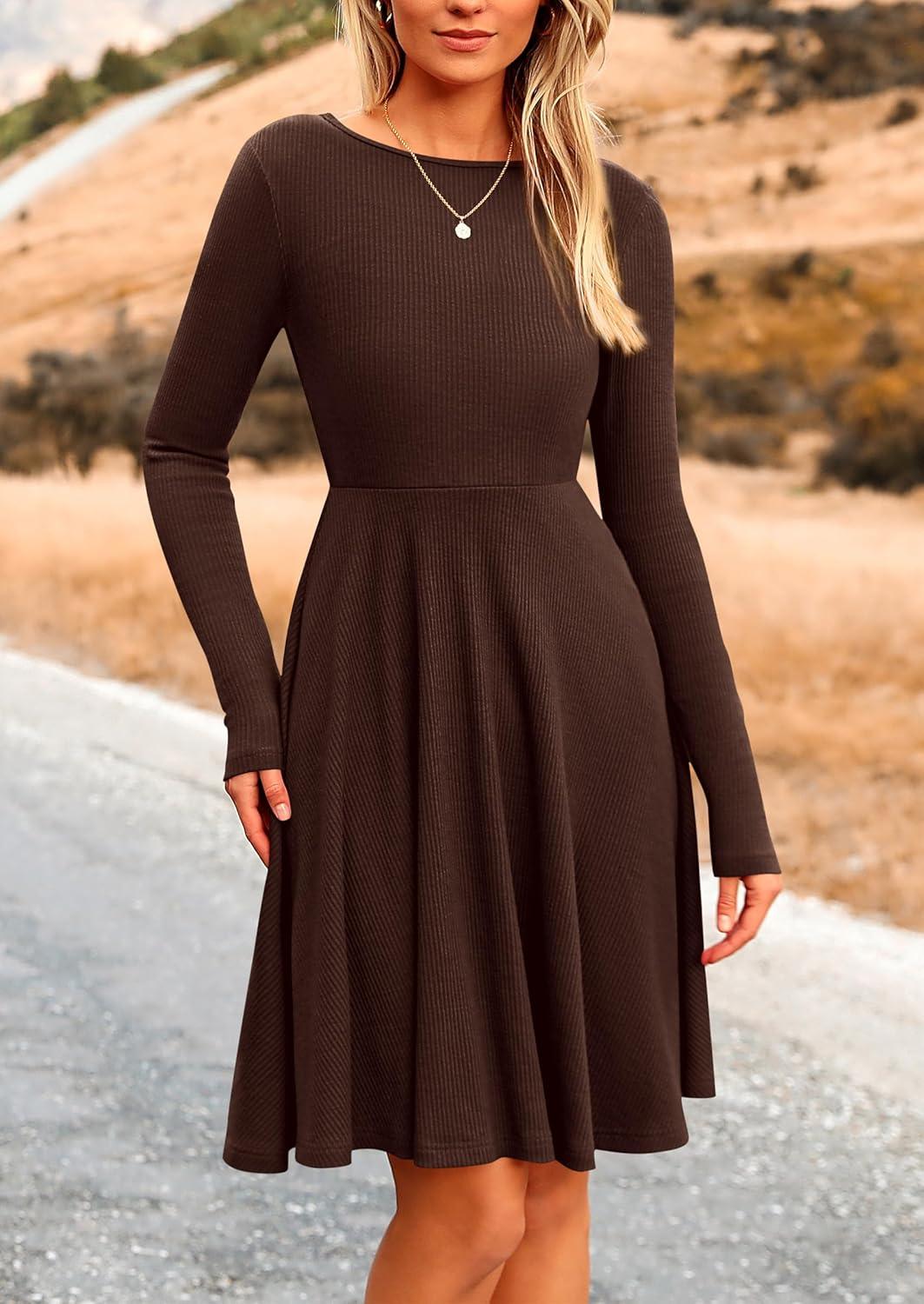 imagePRETTYGARDEN Womens Fall Short Dress Ribbed Knit Crewneck Long Sleeve A Line Flowy Casual Elegant Going Out Winter DressesDark Coffee