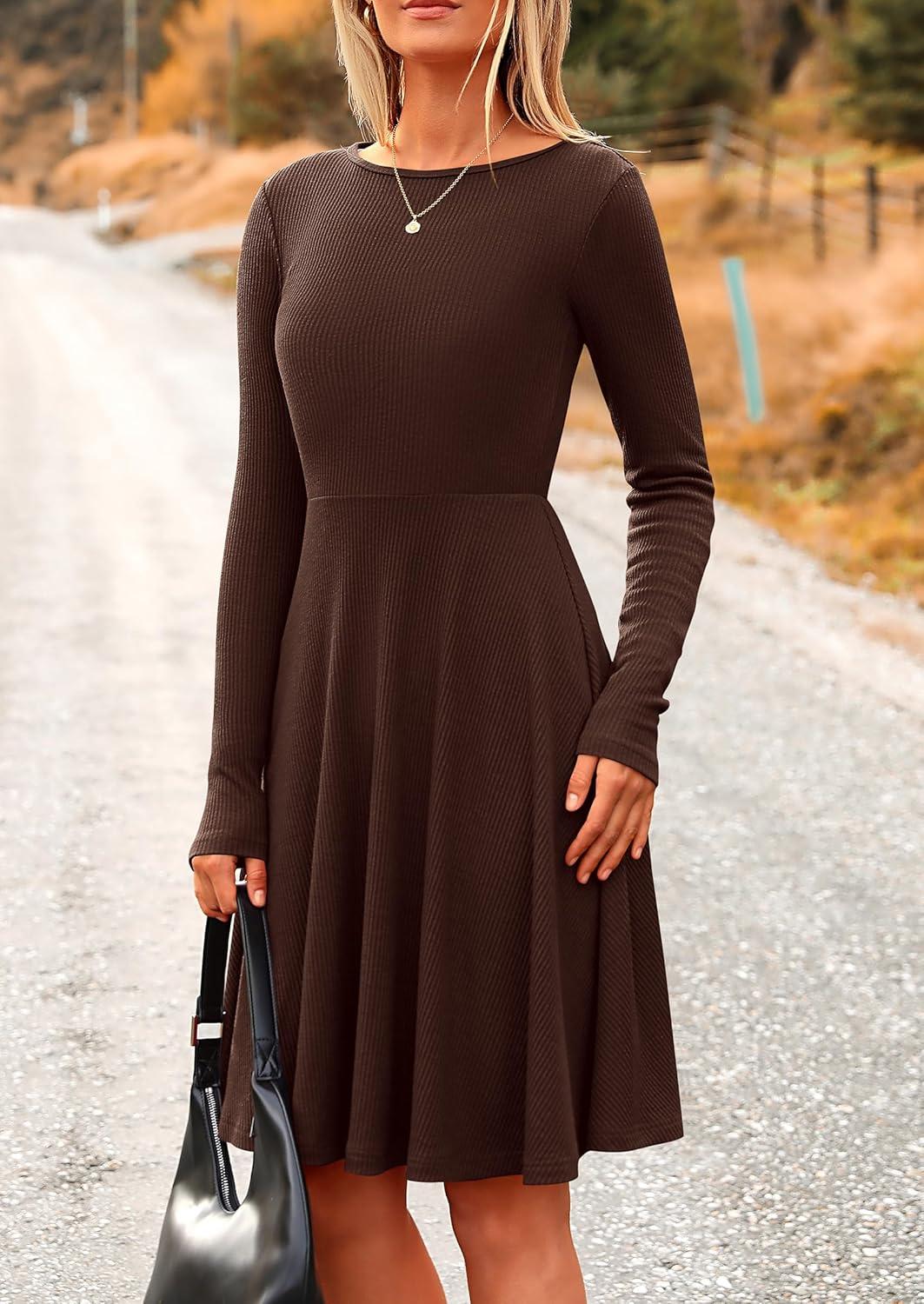 imagePRETTYGARDEN Womens Fall Short Dress Ribbed Knit Crewneck Long Sleeve A Line Flowy Casual Elegant Going Out Winter DressesDark Coffee