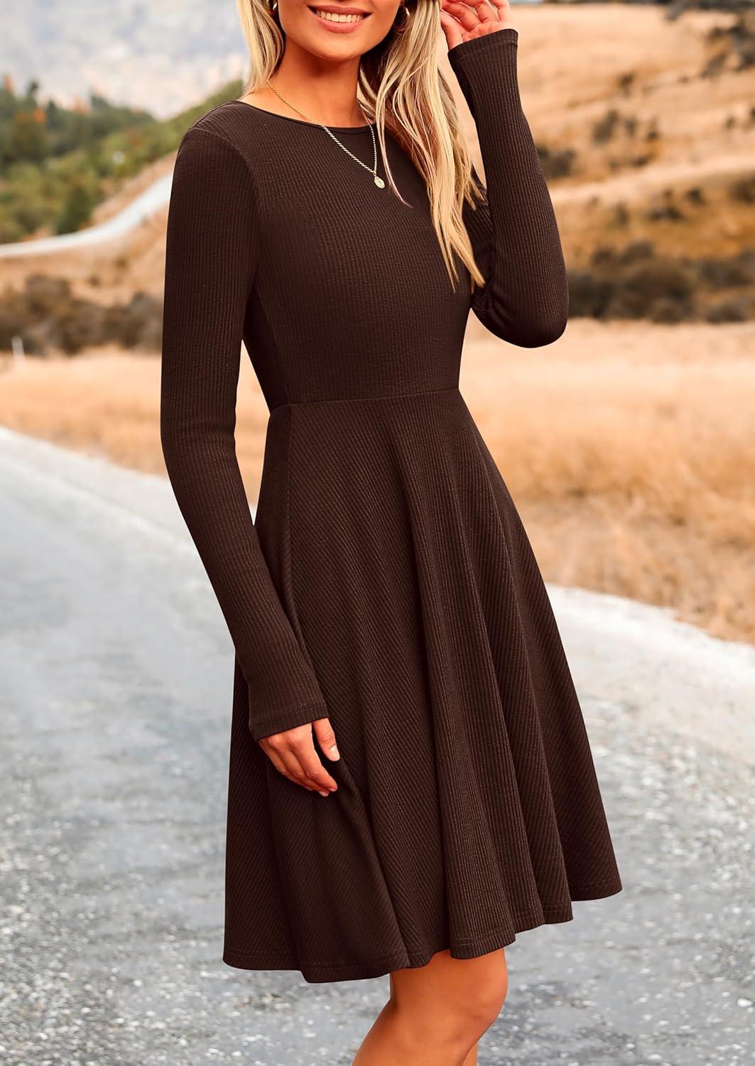 imagePRETTYGARDEN Womens Fall Short Dress Ribbed Knit Crewneck Long Sleeve A Line Flowy Casual Elegant Going Out Winter DressesDark Coffee