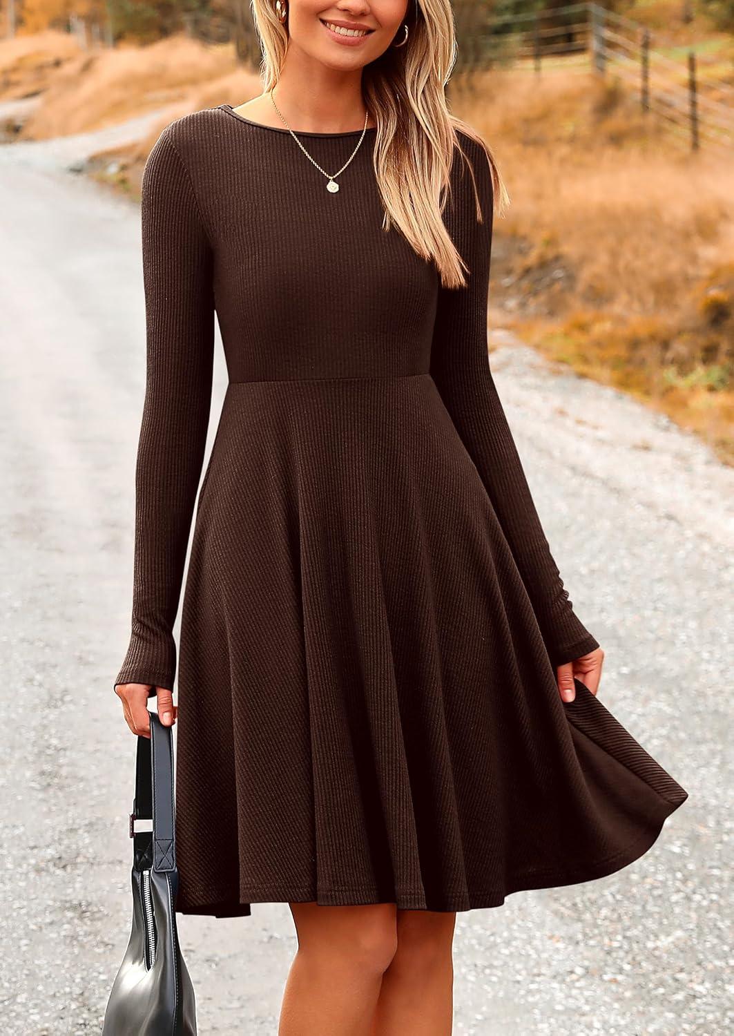 imagePRETTYGARDEN Womens Fall Short Dress Ribbed Knit Crewneck Long Sleeve A Line Flowy Casual Elegant Going Out Winter DressesDark Coffee