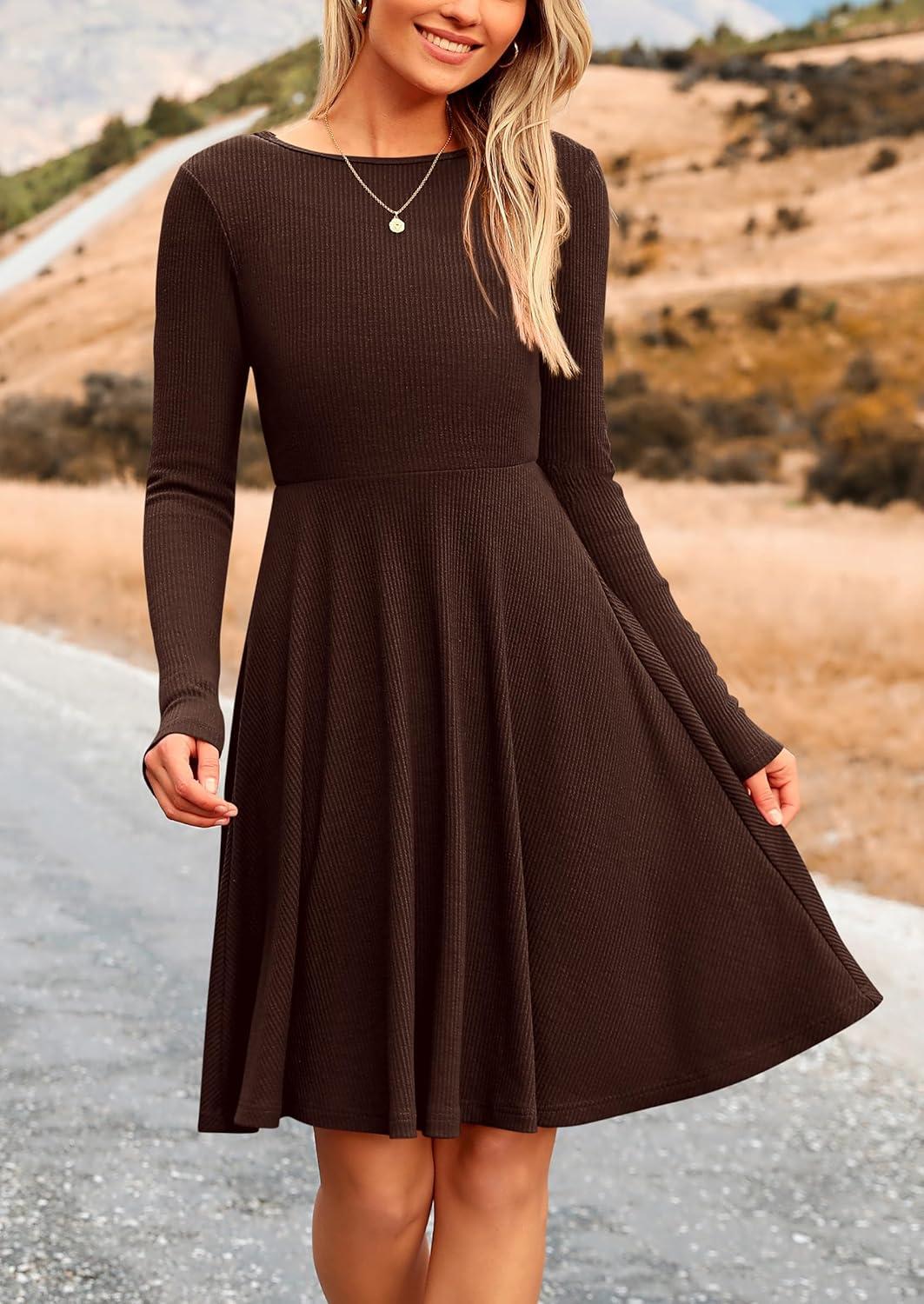 imagePRETTYGARDEN Womens Fall Short Dress Ribbed Knit Crewneck Long Sleeve A Line Flowy Casual Elegant Going Out Winter DressesDark Coffee