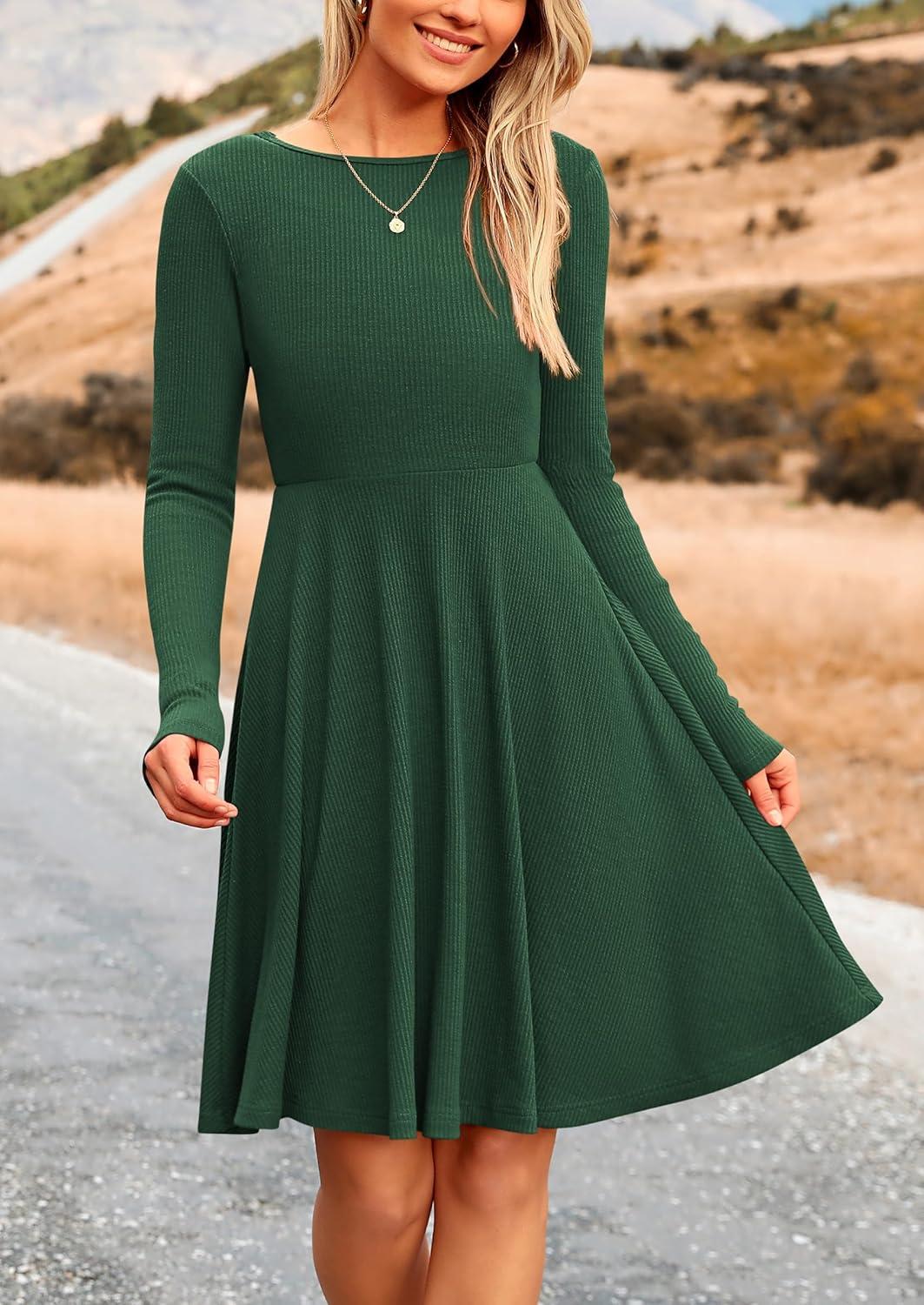 imagePRETTYGARDEN Womens Fall Short Dress Ribbed Knit Crewneck Long Sleeve A Line Flowy Casual Elegant Going Out Winter DressesDark Green
