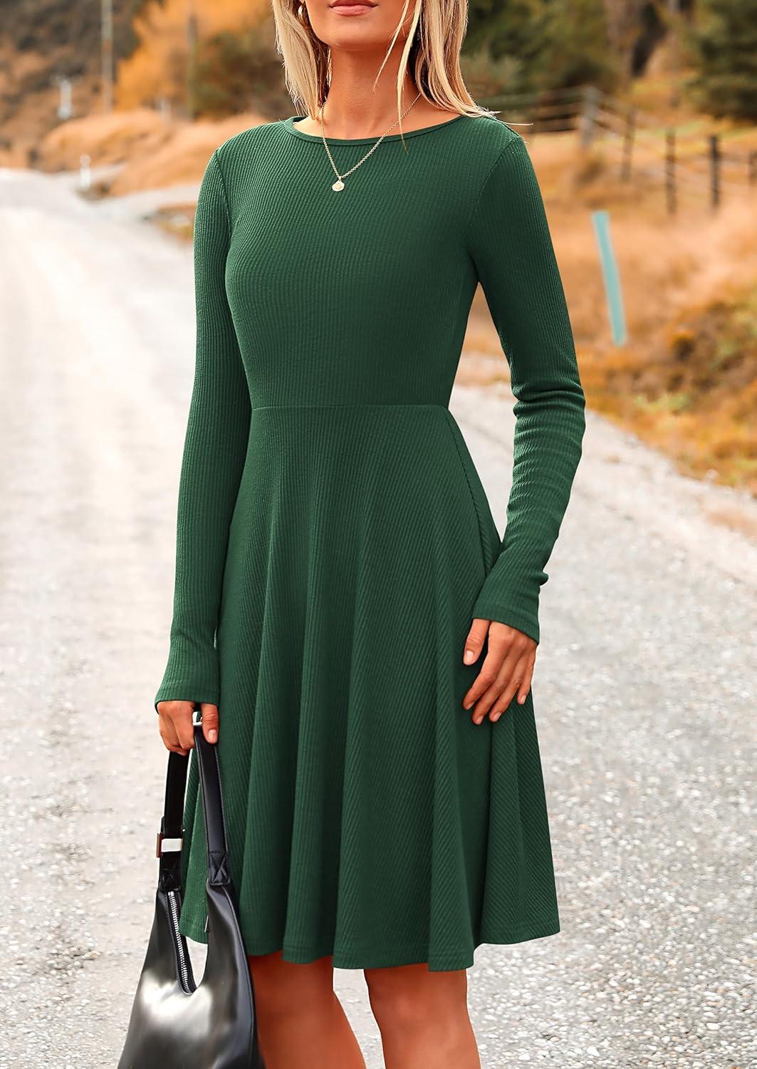 imagePRETTYGARDEN Womens Fall Short Dress Ribbed Knit Crewneck Long Sleeve A Line Flowy Casual Elegant Going Out Winter DressesDark Green