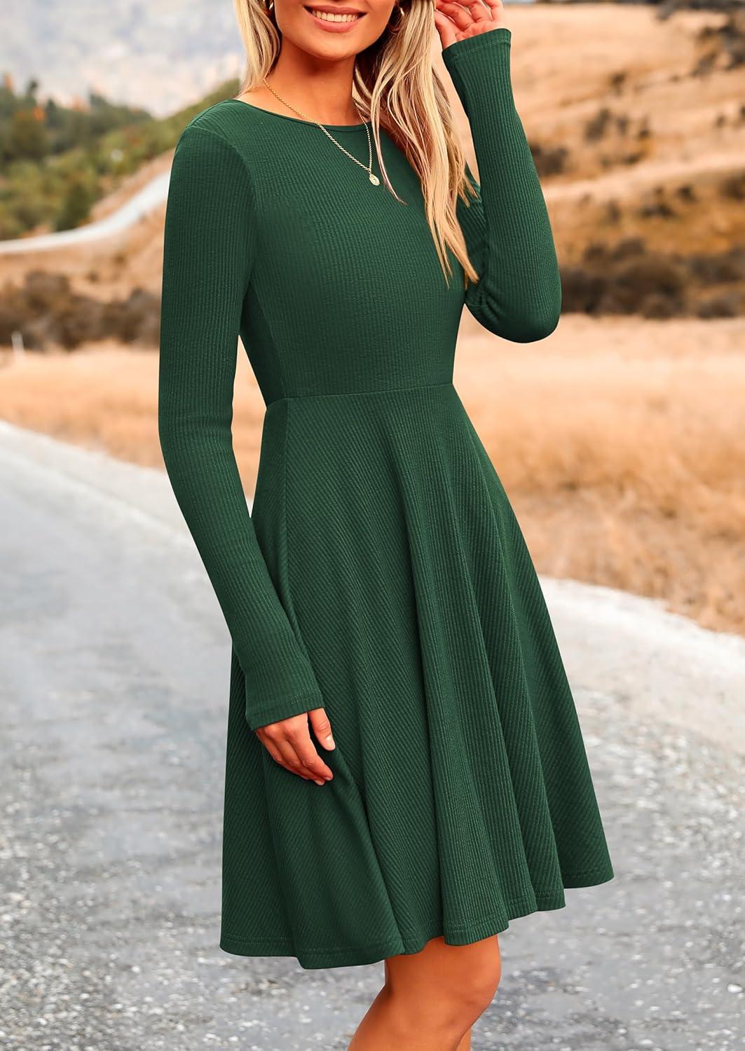 imagePRETTYGARDEN Womens Fall Short Dress Ribbed Knit Crewneck Long Sleeve A Line Flowy Casual Elegant Going Out Winter DressesDark Green