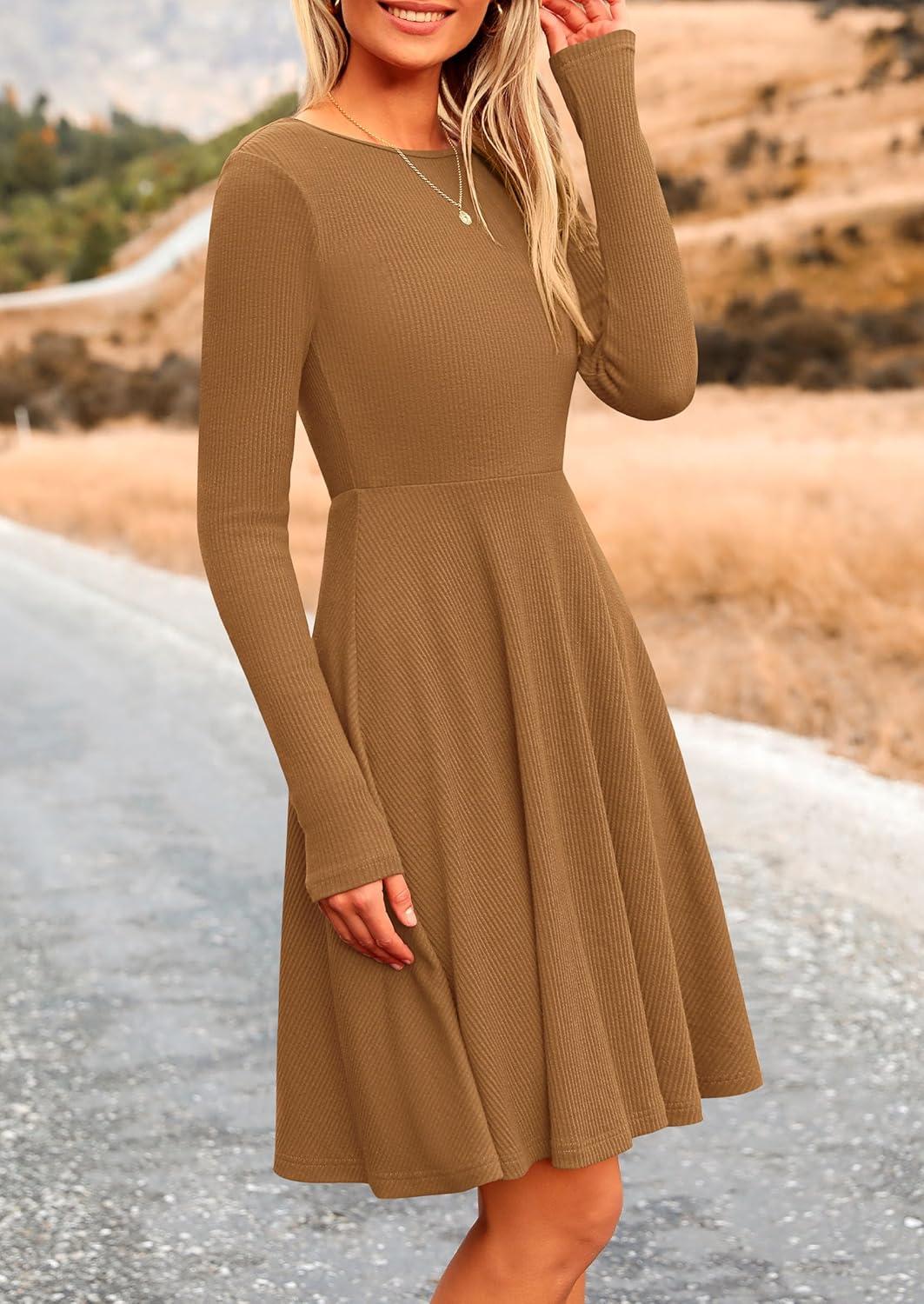 imagePRETTYGARDEN Womens Fall Short Dress Ribbed Knit Crewneck Long Sleeve A Line Flowy Casual Elegant Going Out Winter DressesDark Khaki