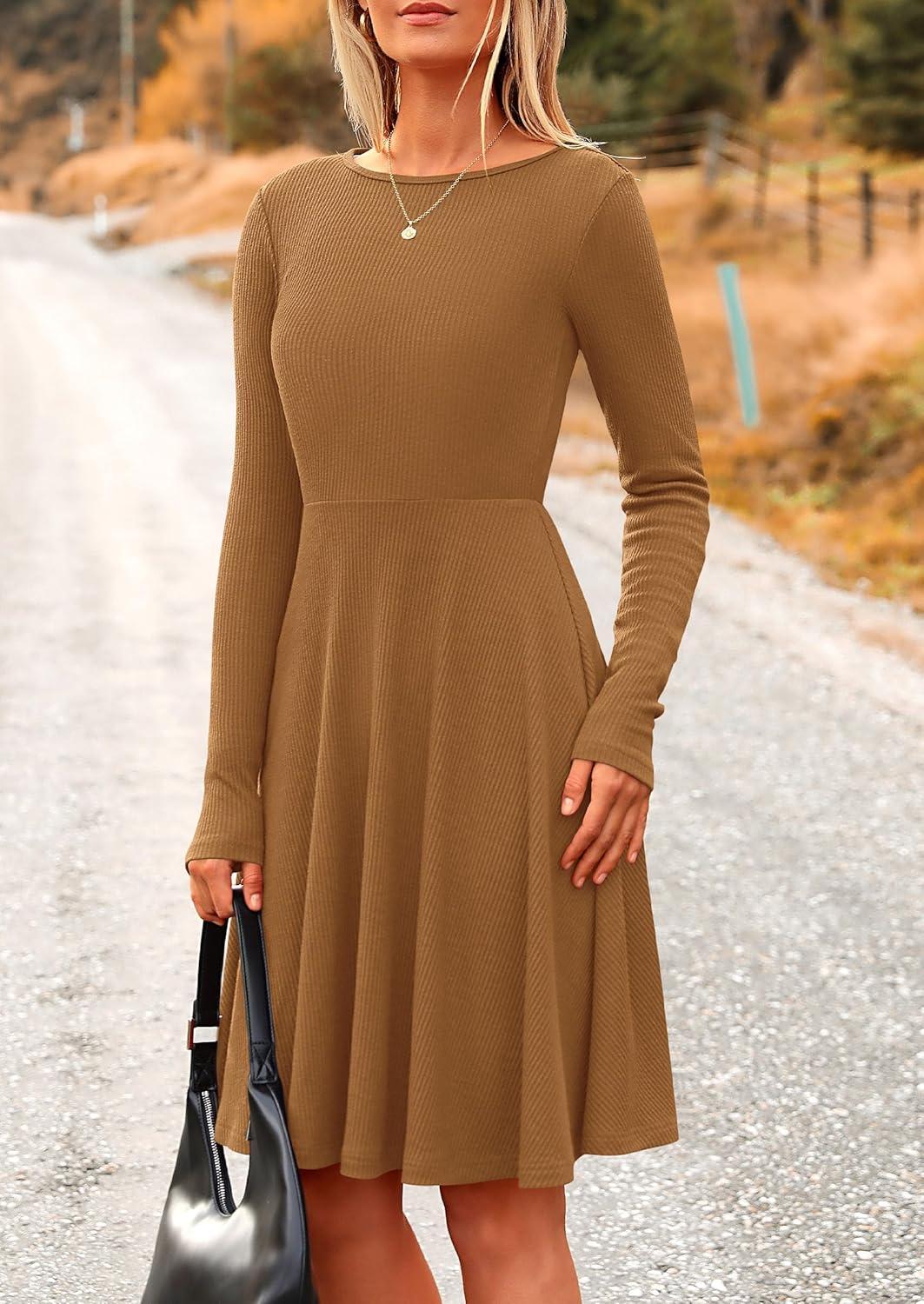 imagePRETTYGARDEN Womens Fall Short Dress Ribbed Knit Crewneck Long Sleeve A Line Flowy Casual Elegant Going Out Winter DressesDark Khaki