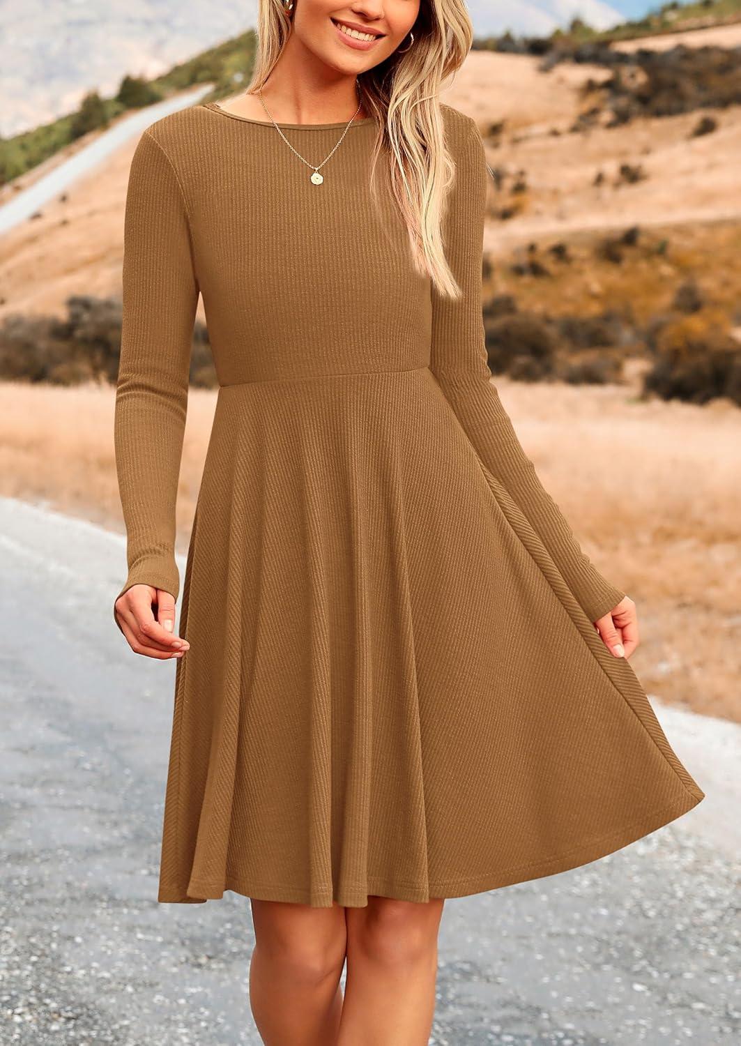 imagePRETTYGARDEN Womens Fall Short Dress Ribbed Knit Crewneck Long Sleeve A Line Flowy Casual Elegant Going Out Winter DressesDark Khaki