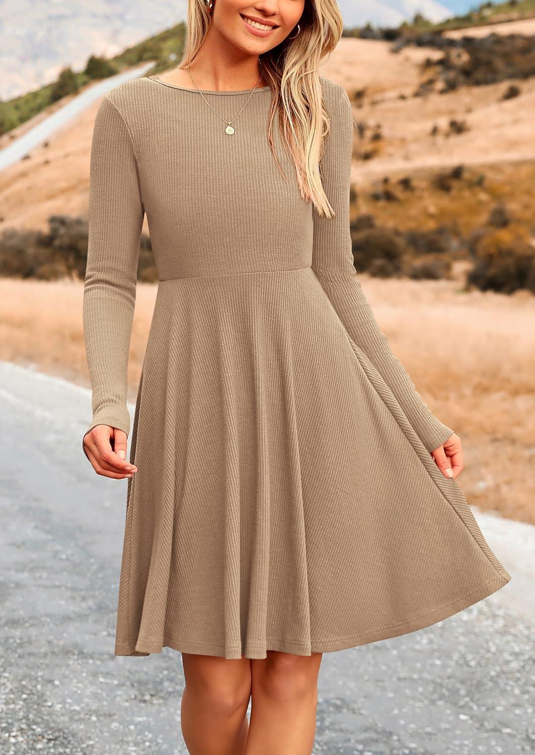 imagePRETTYGARDEN Womens Fall Short Dress Ribbed Knit Crewneck Long Sleeve A Line Flowy Casual Elegant Going Out Winter DressesKhaki