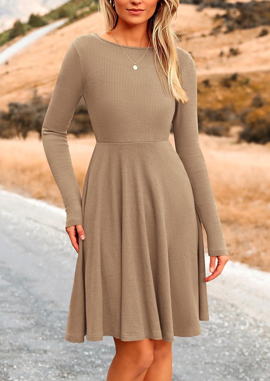 imagePRETTYGARDEN Womens Fall Short Dress Ribbed Knit Crewneck Long Sleeve A Line Flowy Casual Elegant Going Out Winter DressesKhaki