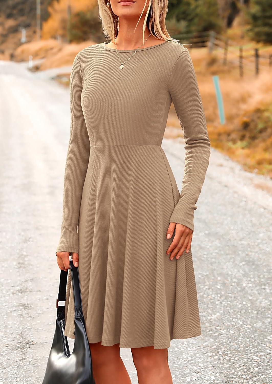 imagePRETTYGARDEN Womens Fall Short Dress Ribbed Knit Crewneck Long Sleeve A Line Flowy Casual Elegant Going Out Winter DressesKhaki