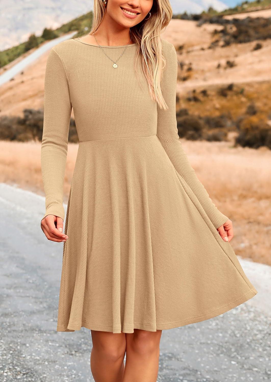 imagePRETTYGARDEN Womens Fall Short Dress Ribbed Knit Crewneck Long Sleeve A Line Flowy Casual Elegant Going Out Winter DressesLight Apricot