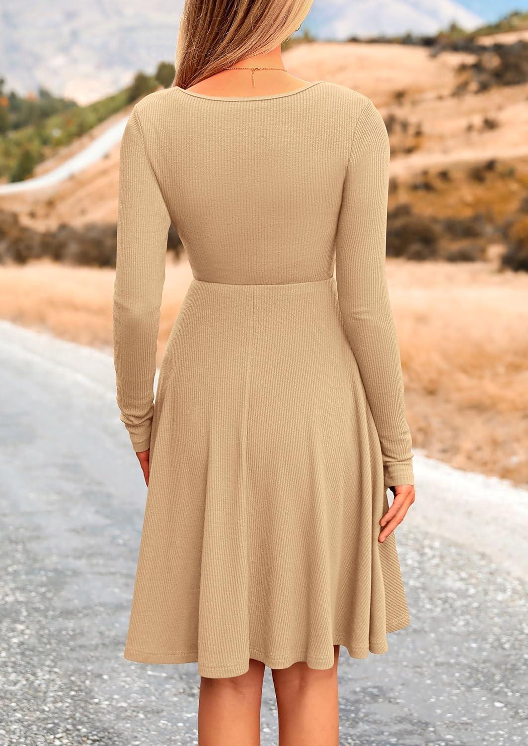 imagePRETTYGARDEN Womens Fall Short Dress Ribbed Knit Crewneck Long Sleeve A Line Flowy Casual Elegant Going Out Winter DressesLight Apricot