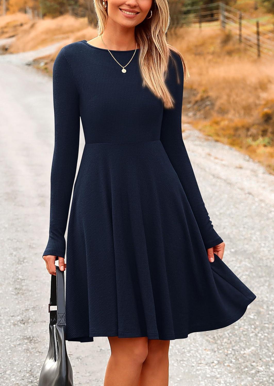 imagePRETTYGARDEN Womens Fall Short Dress Ribbed Knit Crewneck Long Sleeve A Line Flowy Casual Elegant Going Out Winter DressesNavy