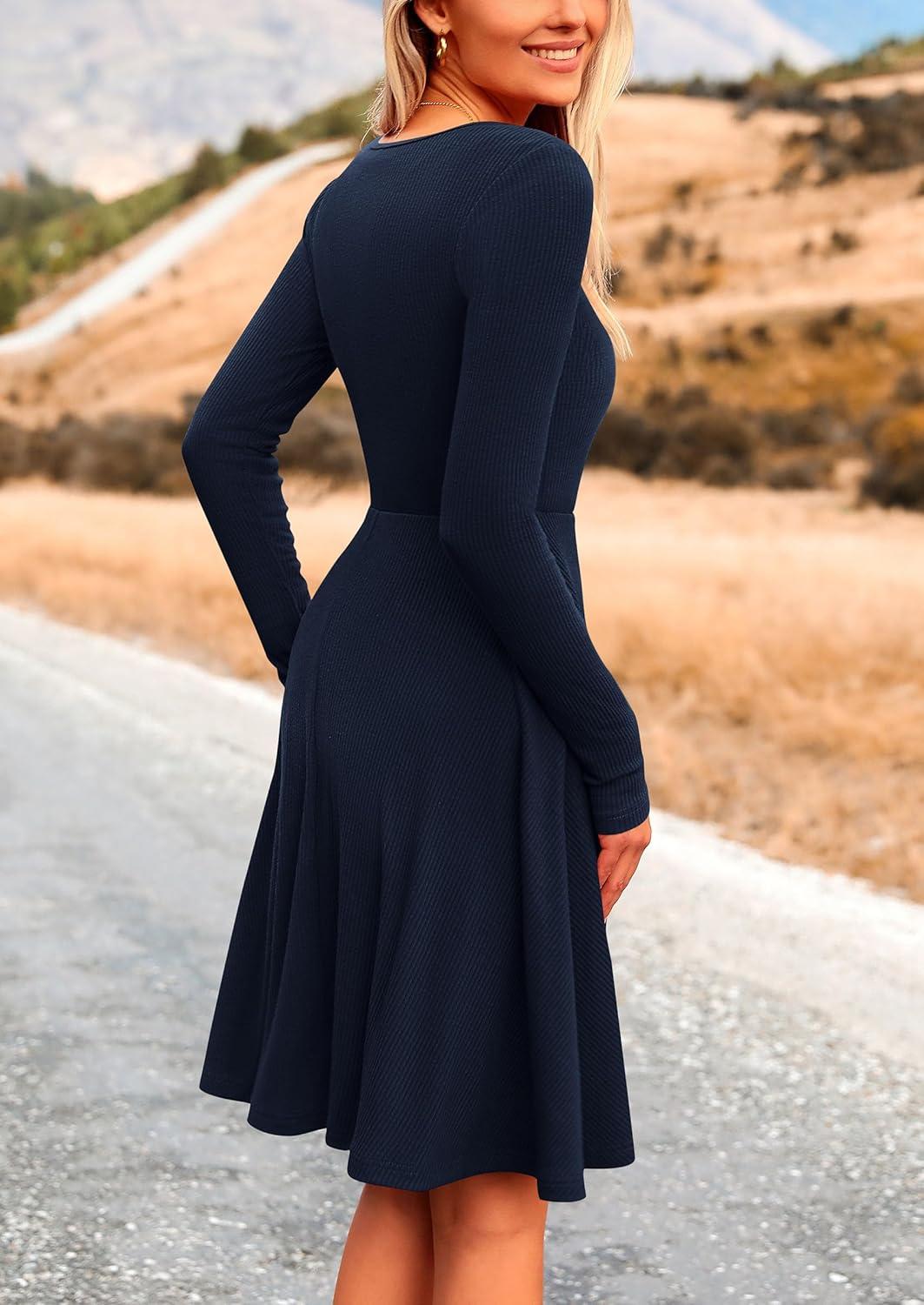 imagePRETTYGARDEN Womens Fall Short Dress Ribbed Knit Crewneck Long Sleeve A Line Flowy Casual Elegant Going Out Winter DressesNavy