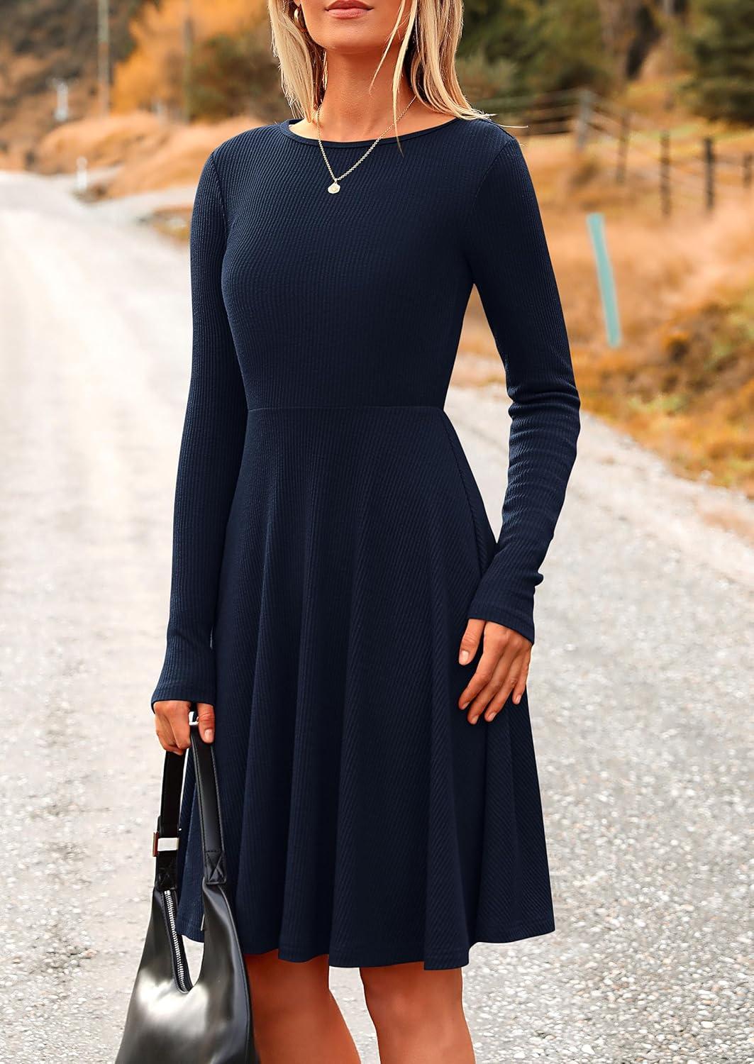imagePRETTYGARDEN Womens Fall Short Dress Ribbed Knit Crewneck Long Sleeve A Line Flowy Casual Elegant Going Out Winter DressesNavy