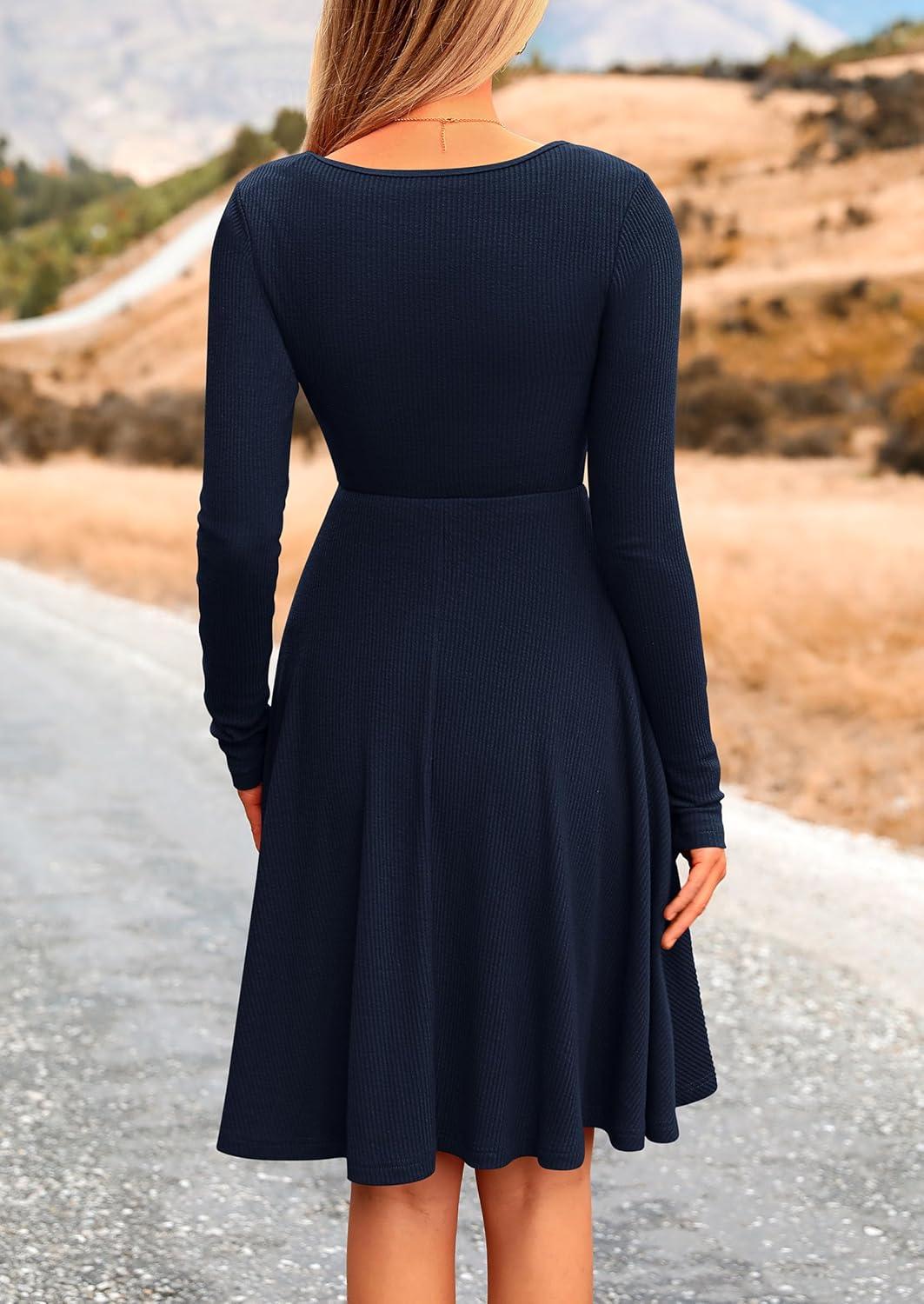 imagePRETTYGARDEN Womens Fall Short Dress Ribbed Knit Crewneck Long Sleeve A Line Flowy Casual Elegant Going Out Winter DressesNavy