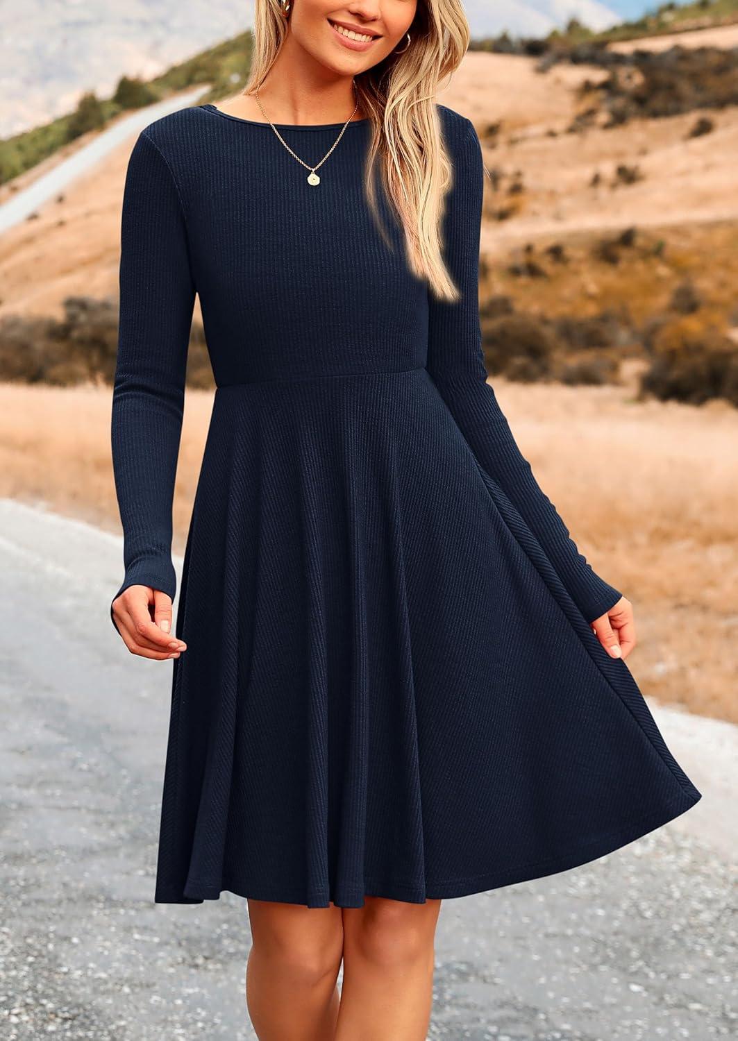 imagePRETTYGARDEN Womens Fall Short Dress Ribbed Knit Crewneck Long Sleeve A Line Flowy Casual Elegant Going Out Winter DressesNavy