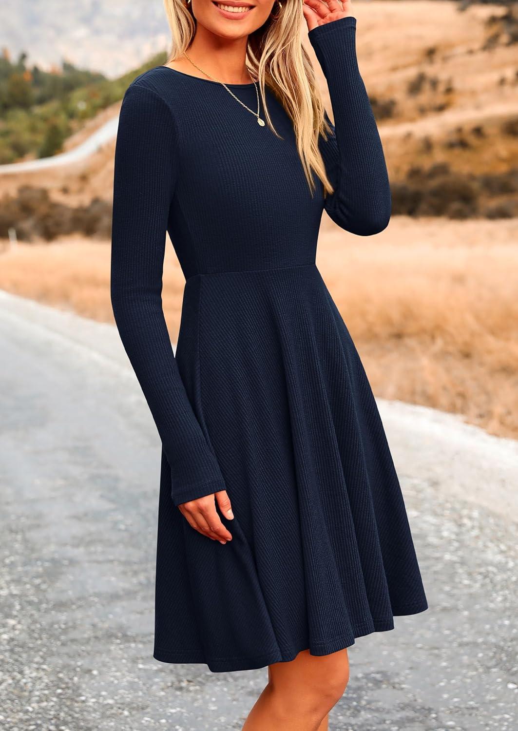 imagePRETTYGARDEN Womens Fall Short Dress Ribbed Knit Crewneck Long Sleeve A Line Flowy Casual Elegant Going Out Winter DressesNavy
