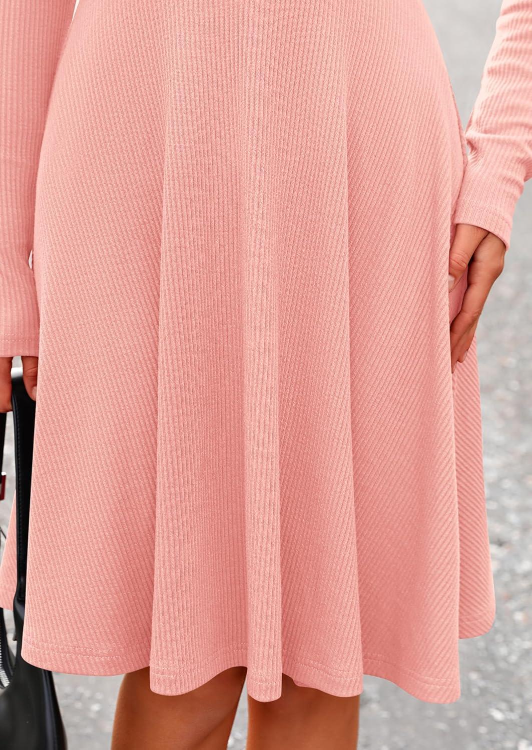 imagePRETTYGARDEN Womens Fall Short Dress Ribbed Knit Crewneck Long Sleeve A Line Flowy Casual Elegant Going Out Winter DressesPink
