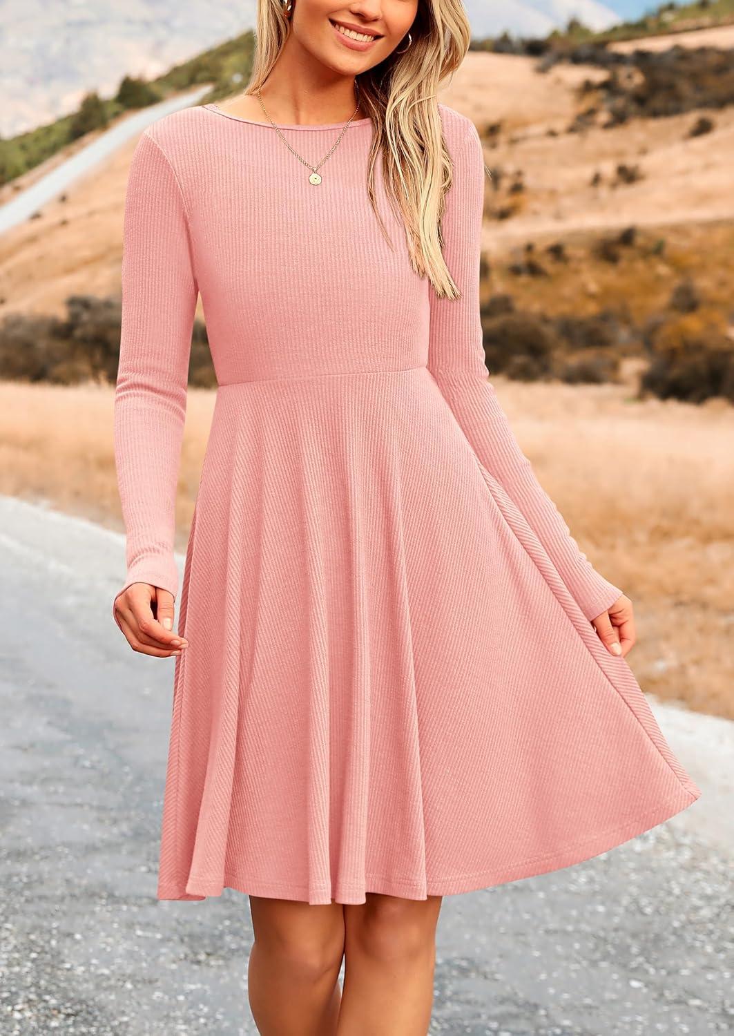 imagePRETTYGARDEN Womens Fall Short Dress Ribbed Knit Crewneck Long Sleeve A Line Flowy Casual Elegant Going Out Winter DressesPink